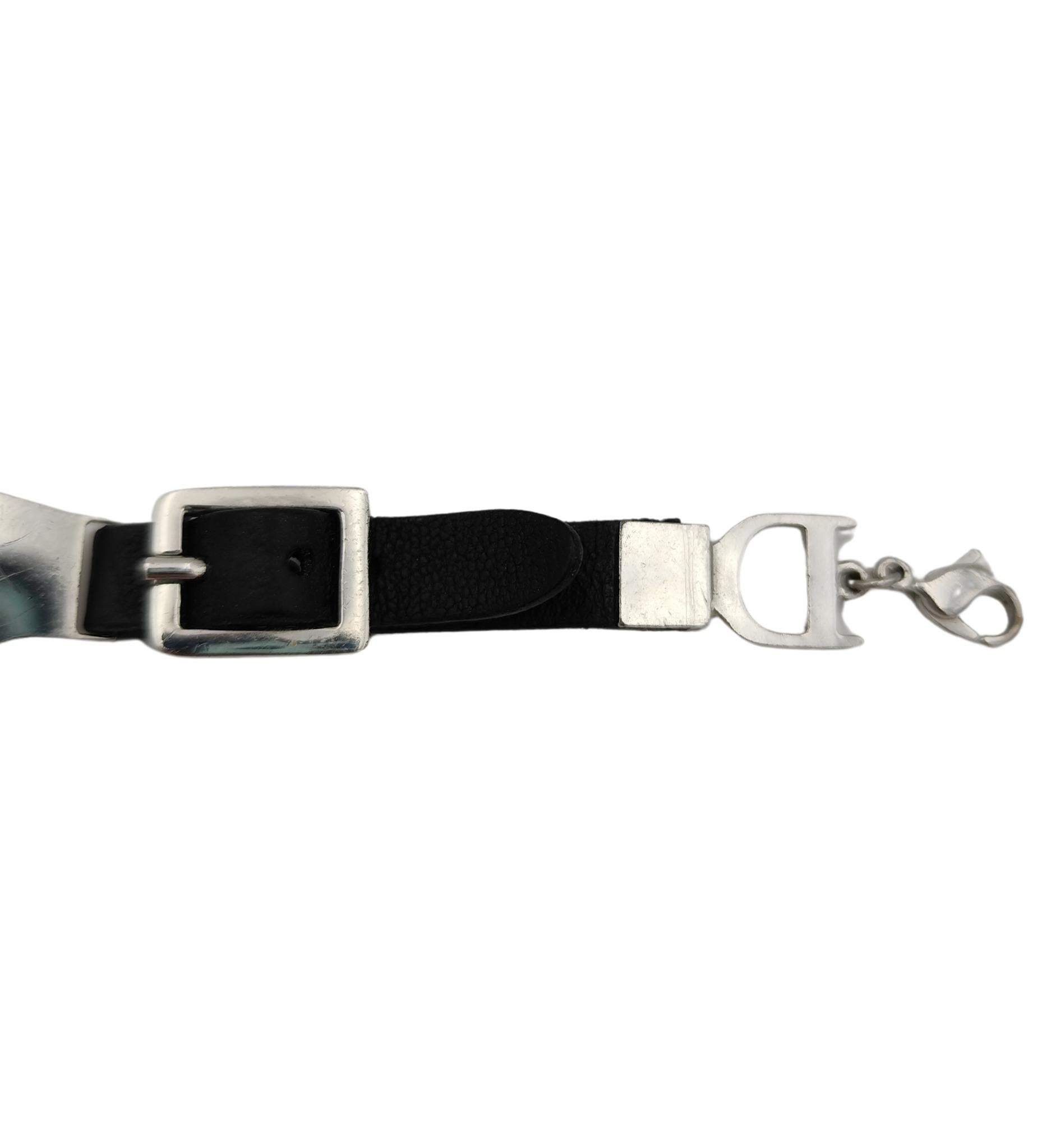 Christian Dior by John Galliano black leather silver logo bracelet For Sale 6