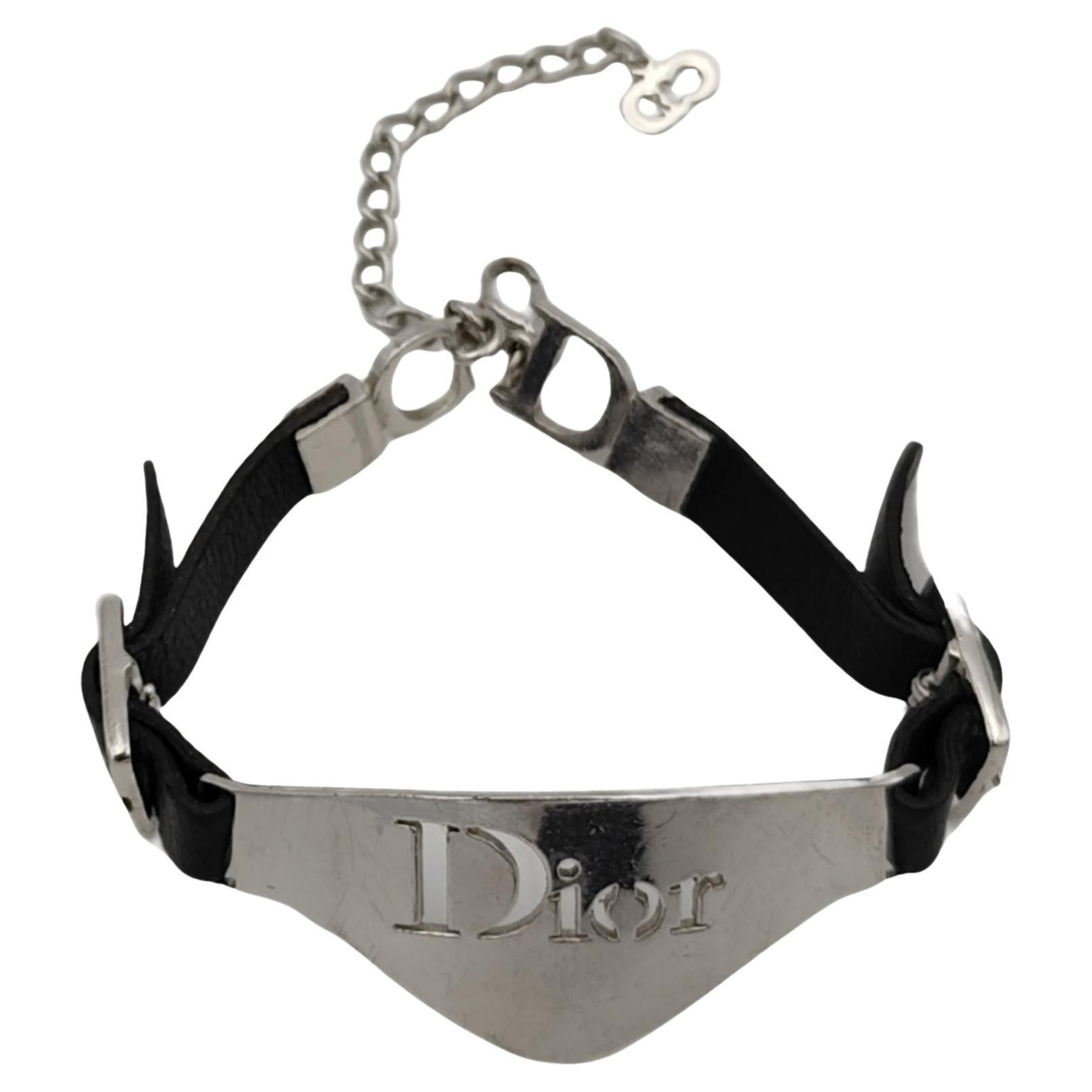 Gray Christian Dior by John Galliano black leather silver logo bracelet For Sale