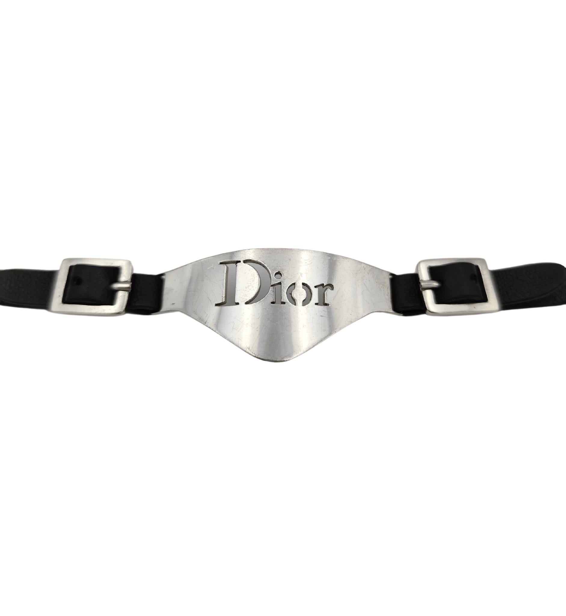 Christian Dior by John Galliano black leather silver logo bracelet In Good Condition For Sale In Milano, IT