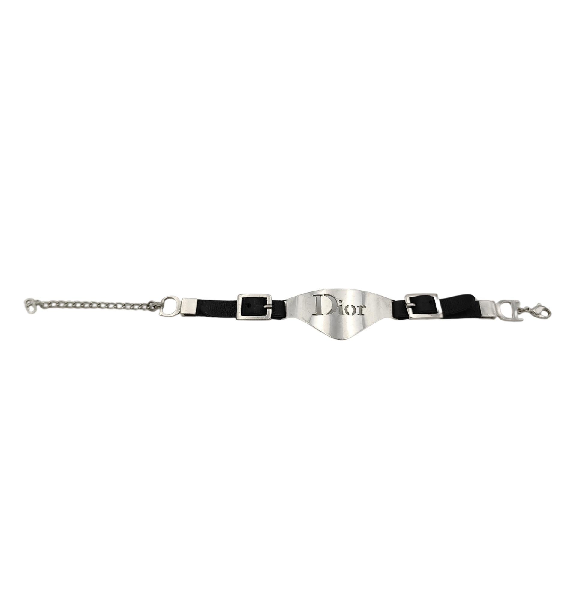 Christian Dior by John Galliano black leather silver logo bracelet For Sale 1