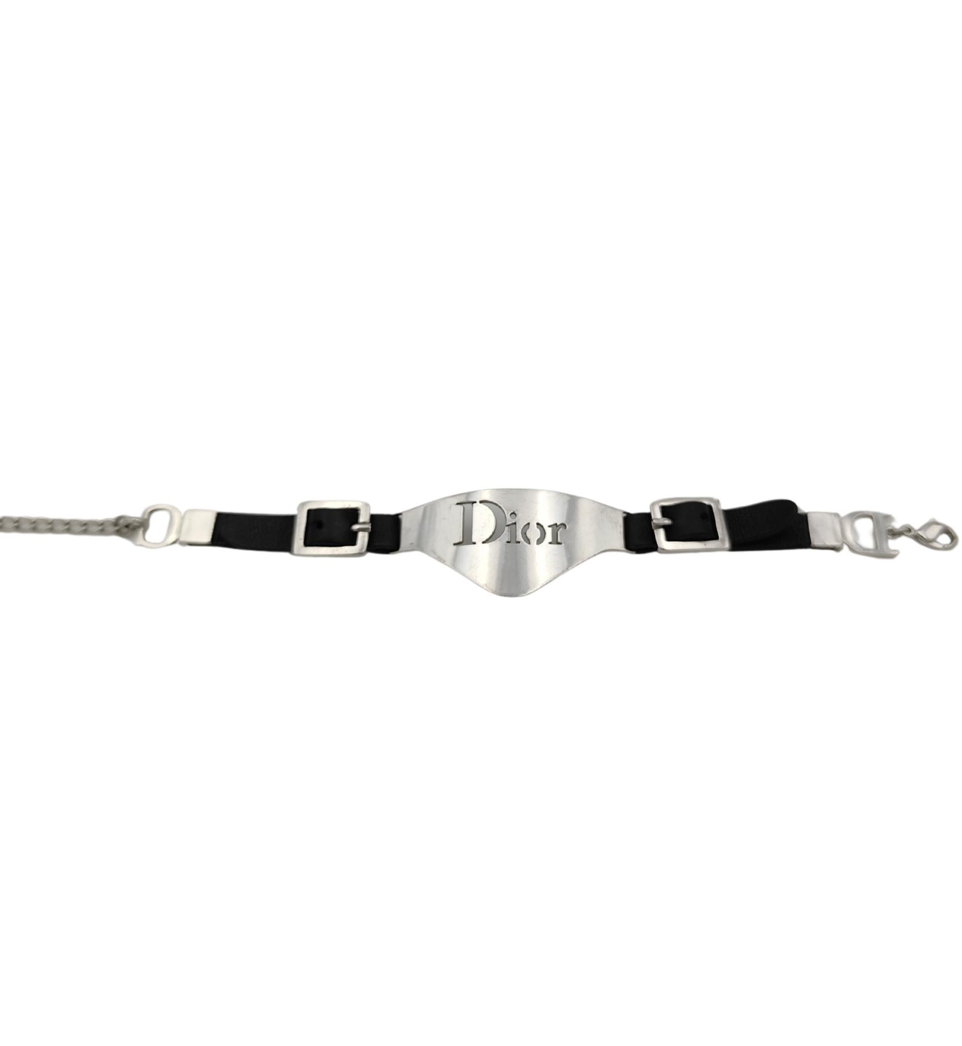 Christian Dior by John Galliano black leather silver logo bracelet For Sale 2