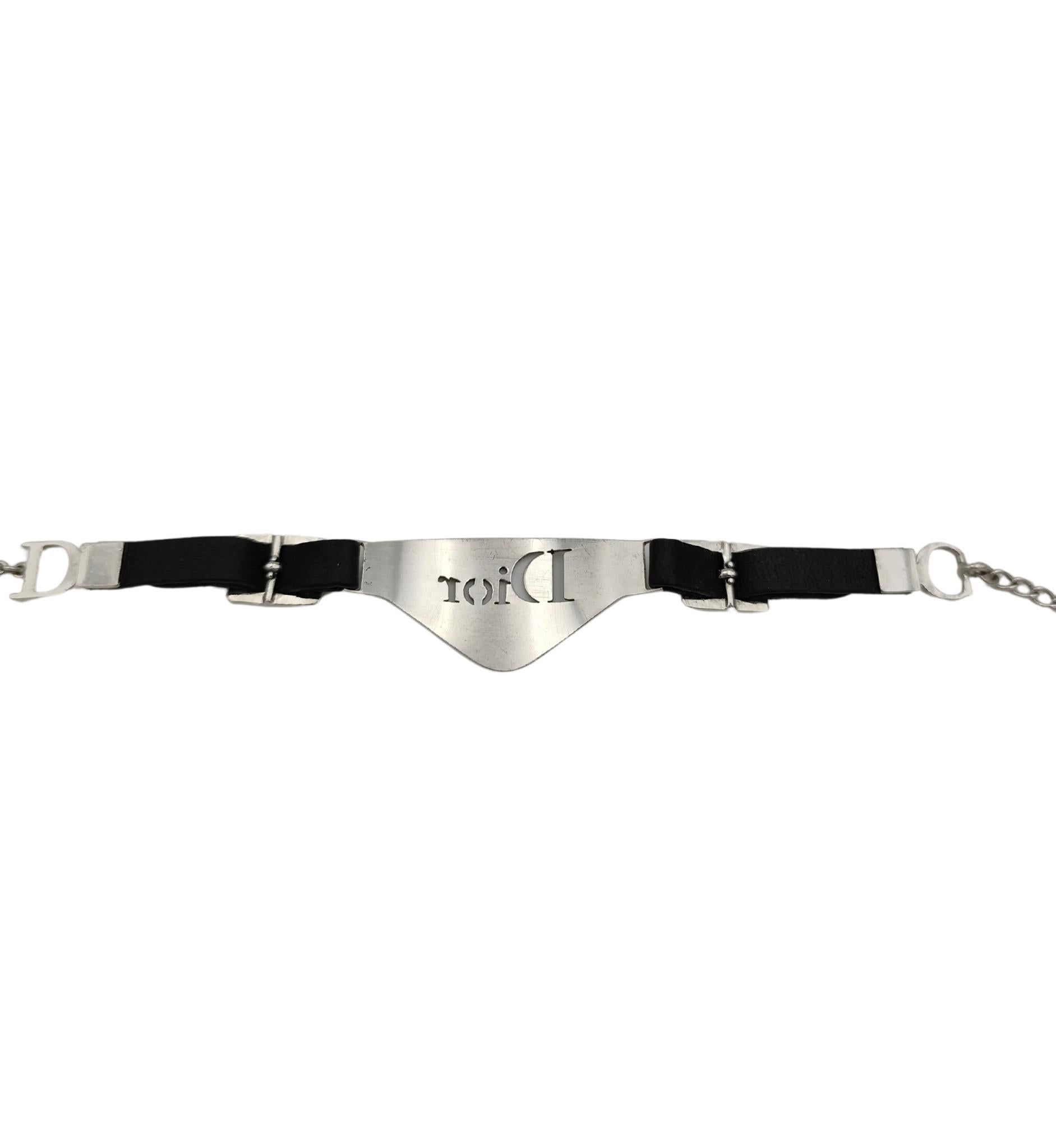 Christian Dior by John Galliano black leather silver logo bracelet For Sale 4
