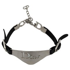Vintage Christian Dior by John Galliano black leather silver logo bracelet