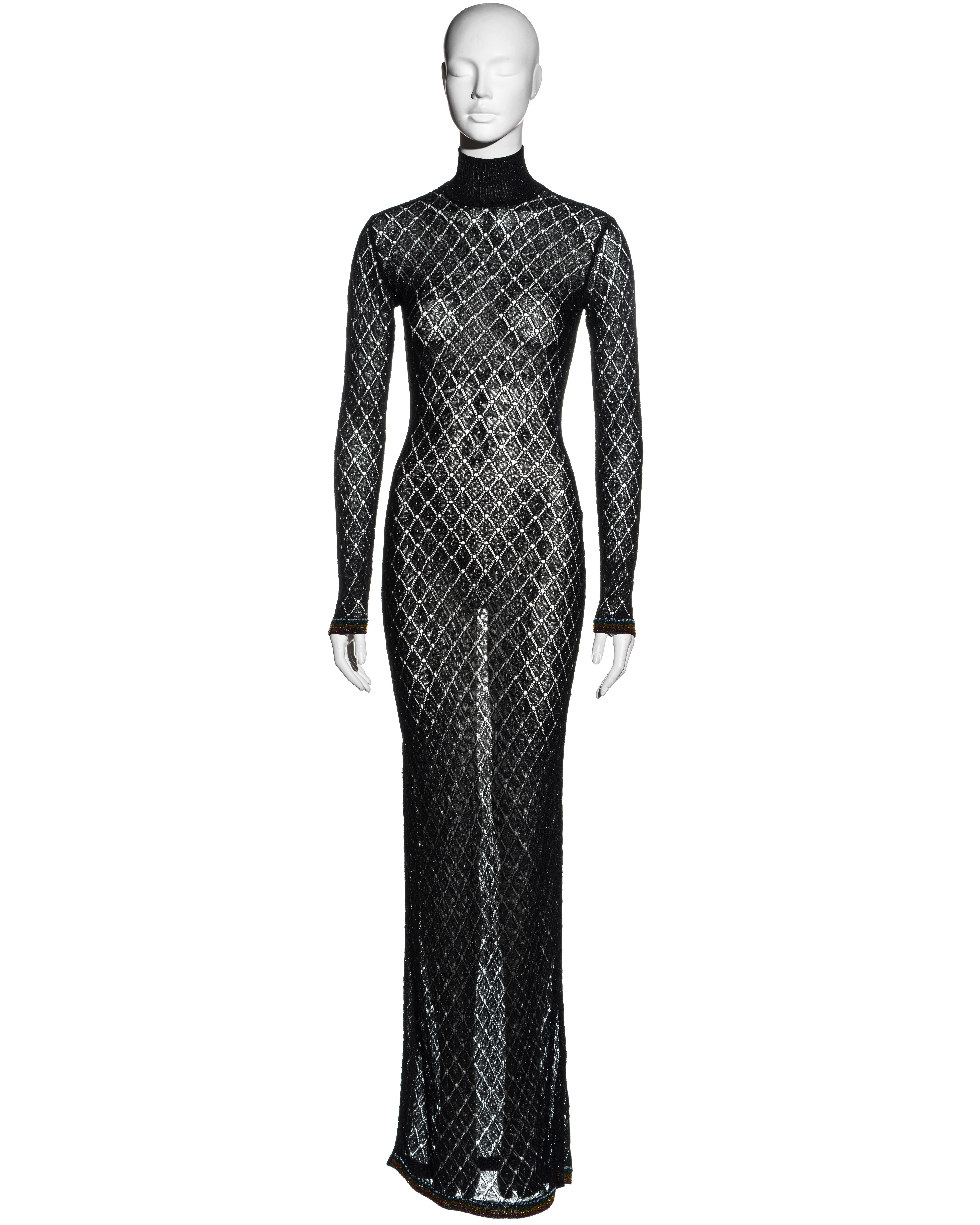 Black Christian Dior by John Galliano black open knit beaded maxi dress, fw 2001