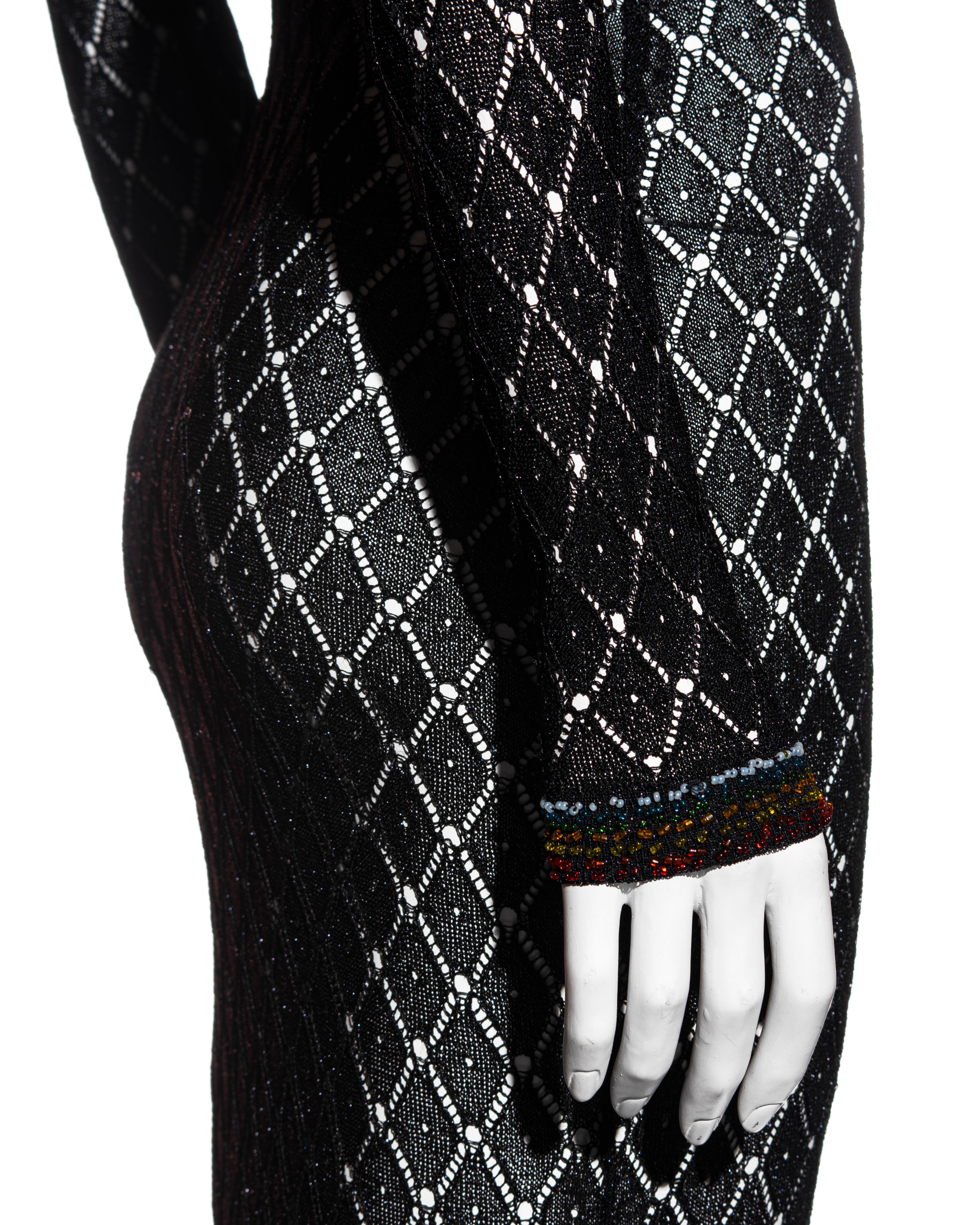 Women's Christian Dior by John Galliano black open knit beaded maxi dress, fw 2001