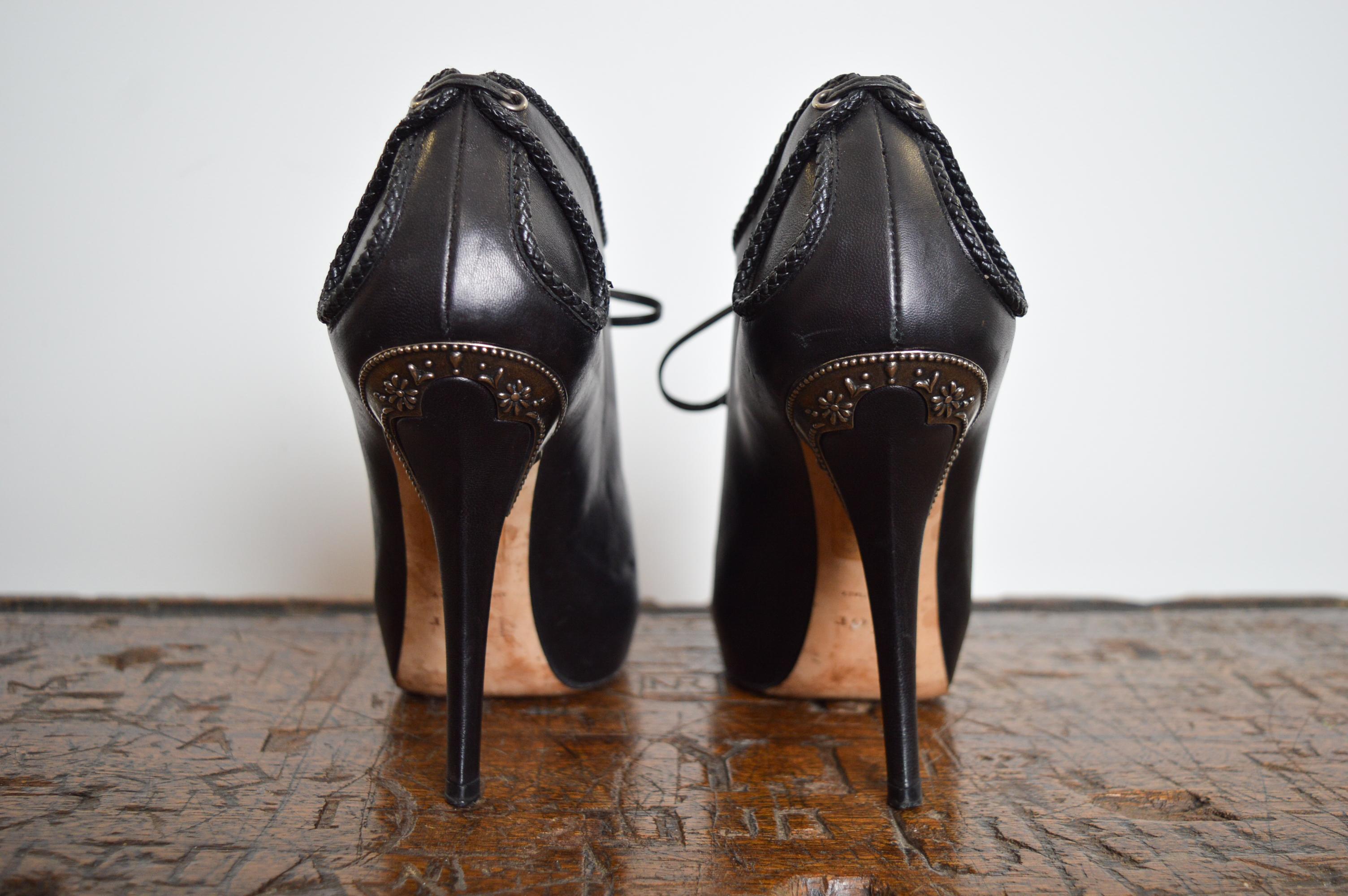 Christian Dior by John Galliano Black Ornate Leather Runway lace Up ankle Shoe - For Sale 6