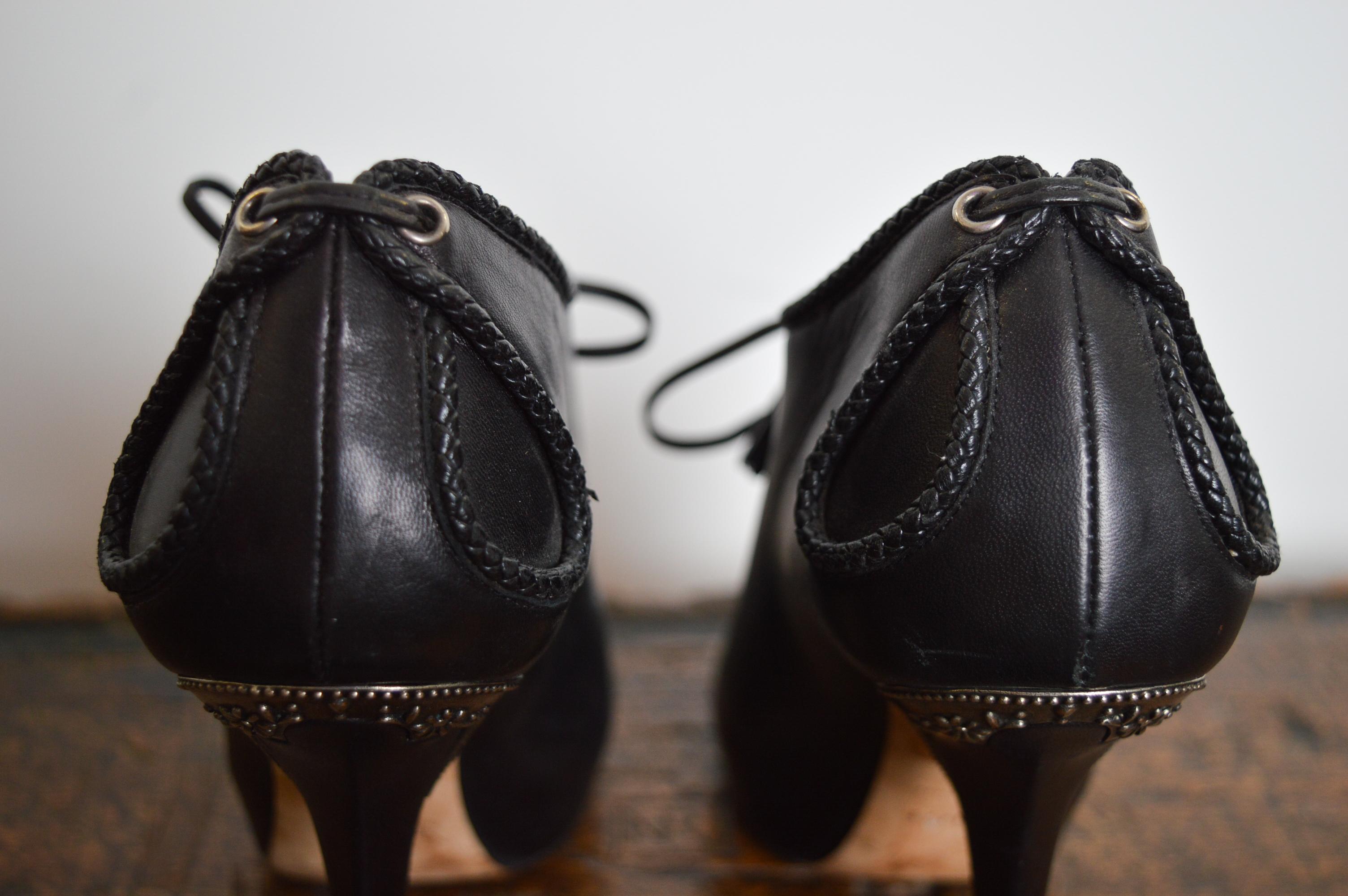 Christian Dior by John Galliano Black Ornate Leather Runway lace Up ankle Shoe - For Sale 7