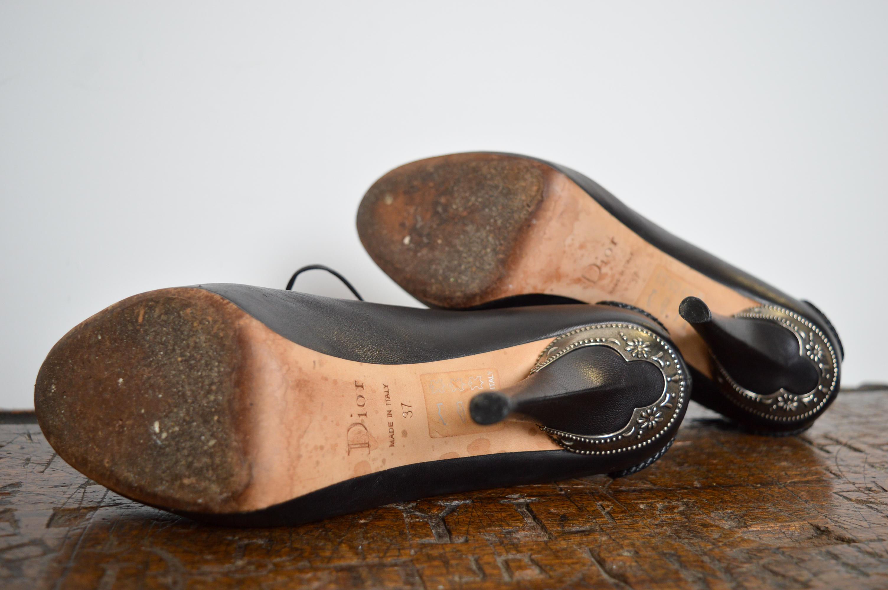 Christian Dior by John Galliano Black Ornate Leather Runway lace Up ankle Shoe - For Sale 14
