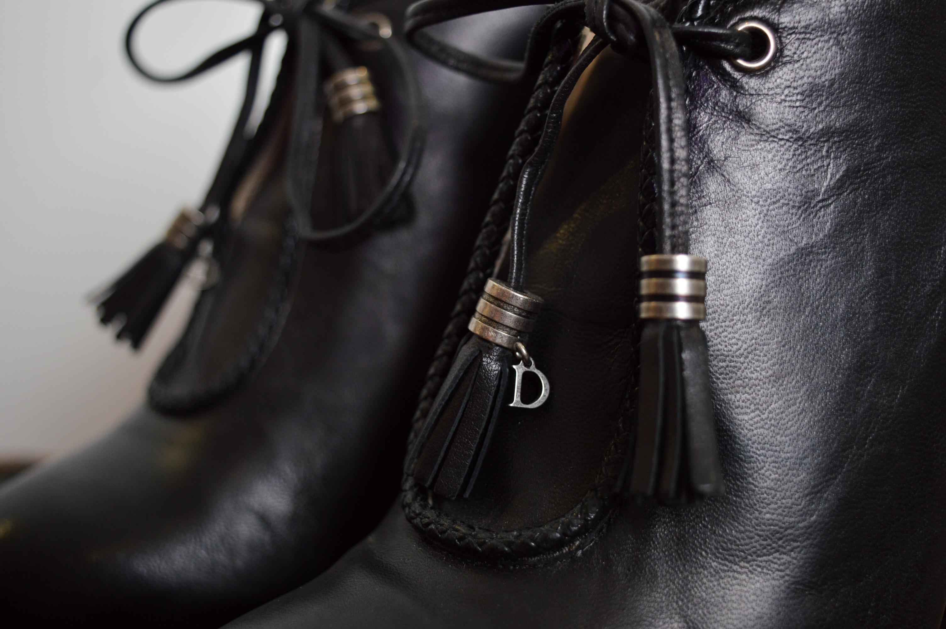 Christian Dior by John Galliano Black Ornate Leather Runway lace Up ankle Shoe - For Sale 3