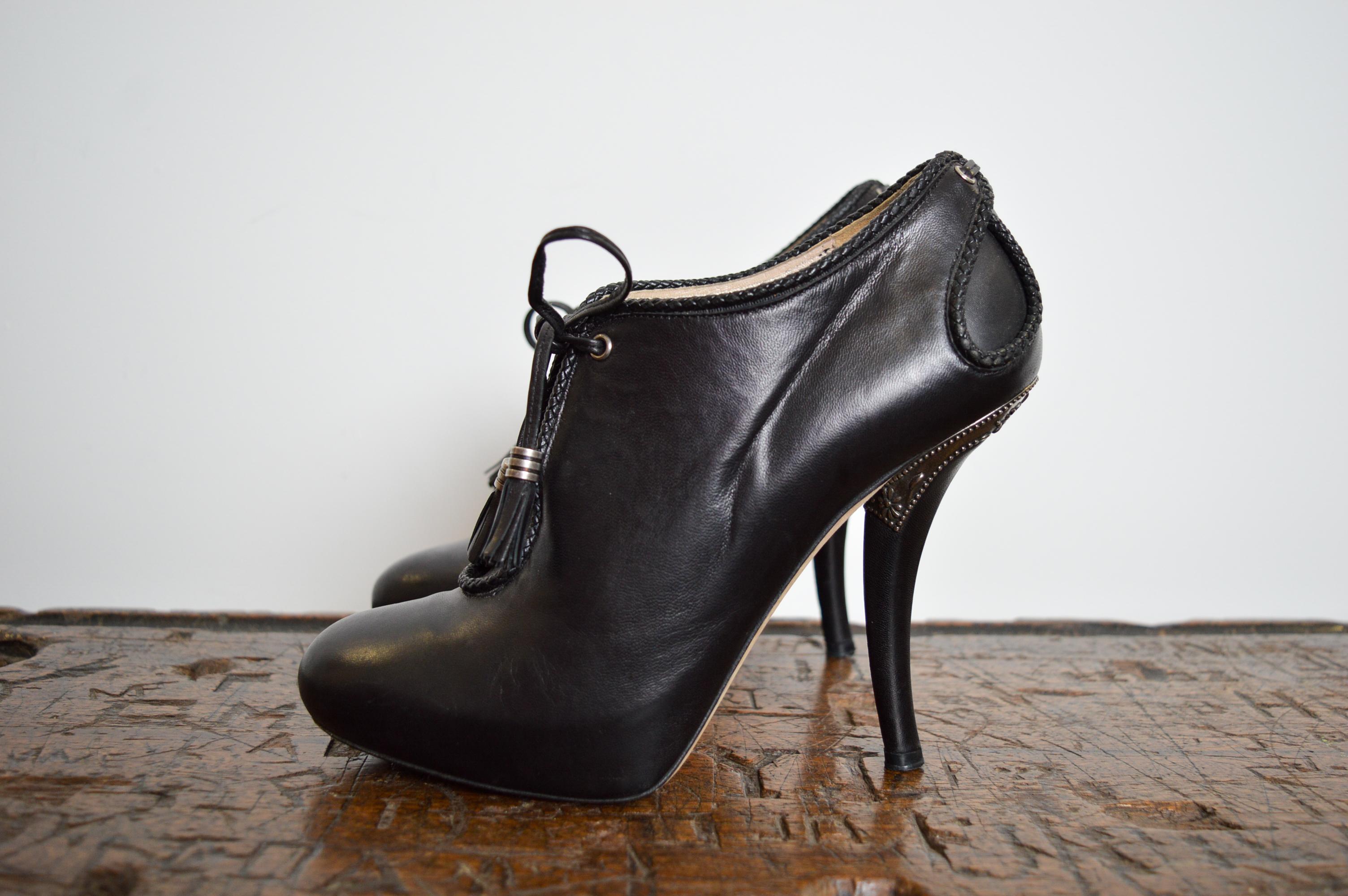Christian Dior by John Galliano Black Ornate Leather Runway lace Up ankle Shoe - For Sale 4