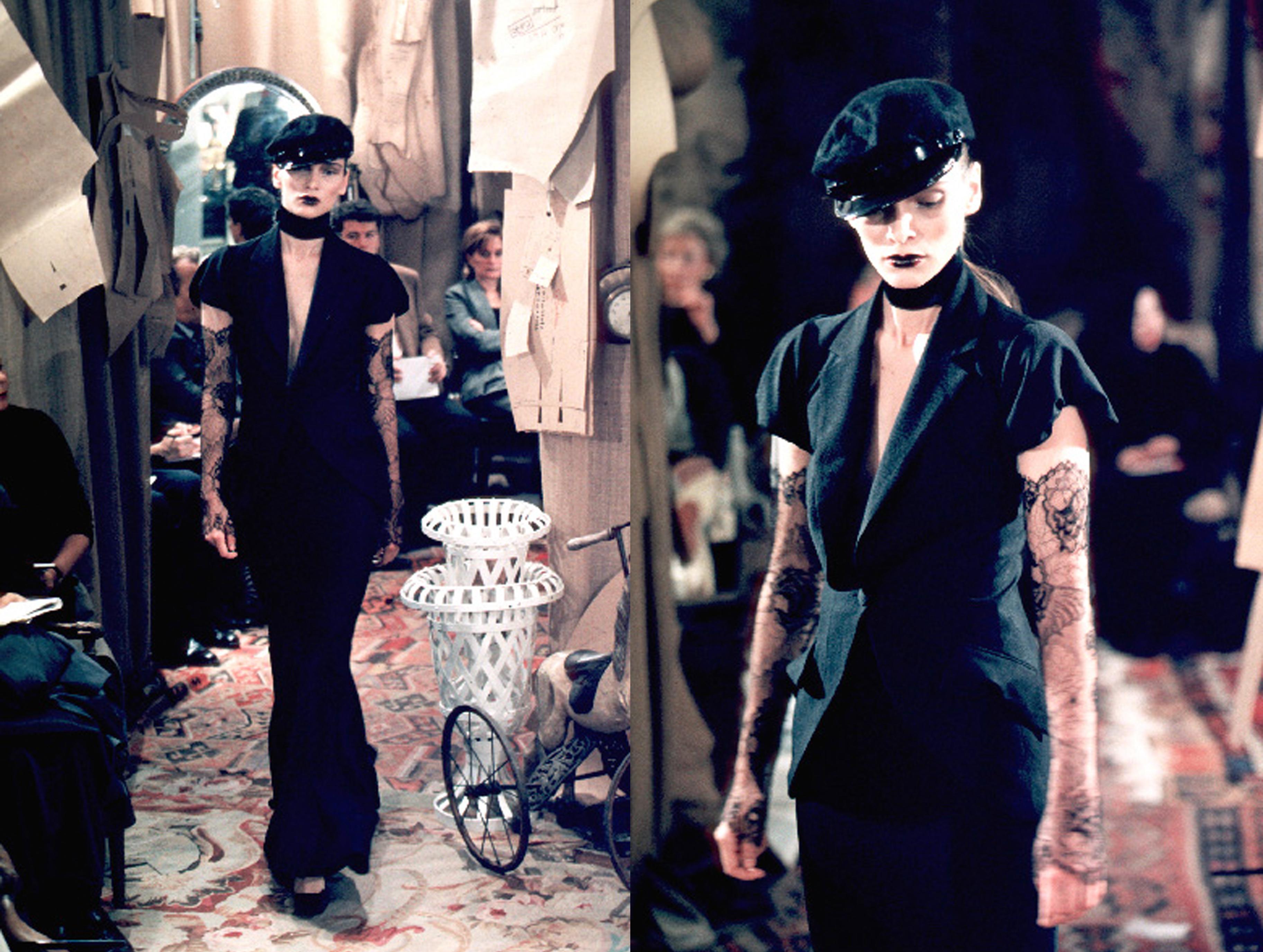 Noir Tailleur jupe de soirée en soie et dentelle noire Christian Dior par John Galliano, P/E 1999 en vente