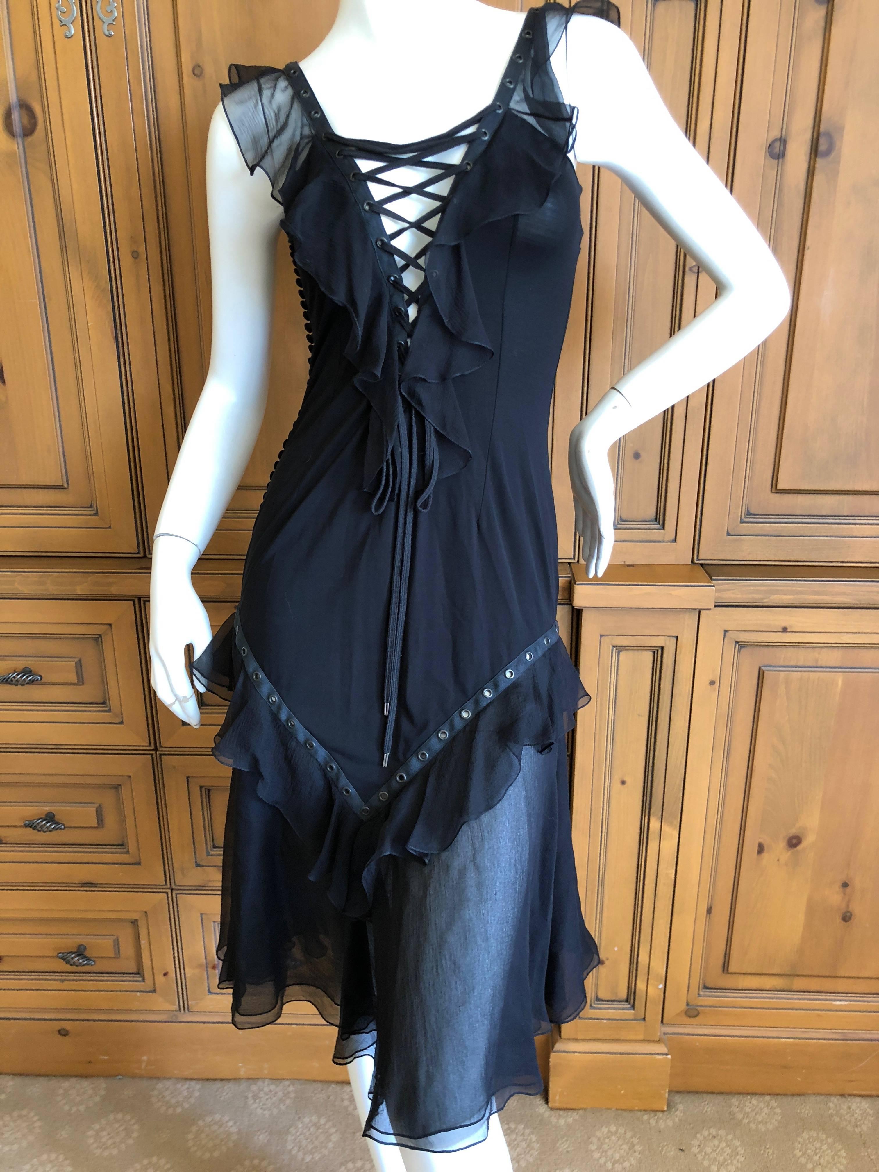 Christian Dior by John Galliano Black Silk Chiffon Corset Lace Ruffled Dress In Excellent Condition For Sale In Cloverdale, CA