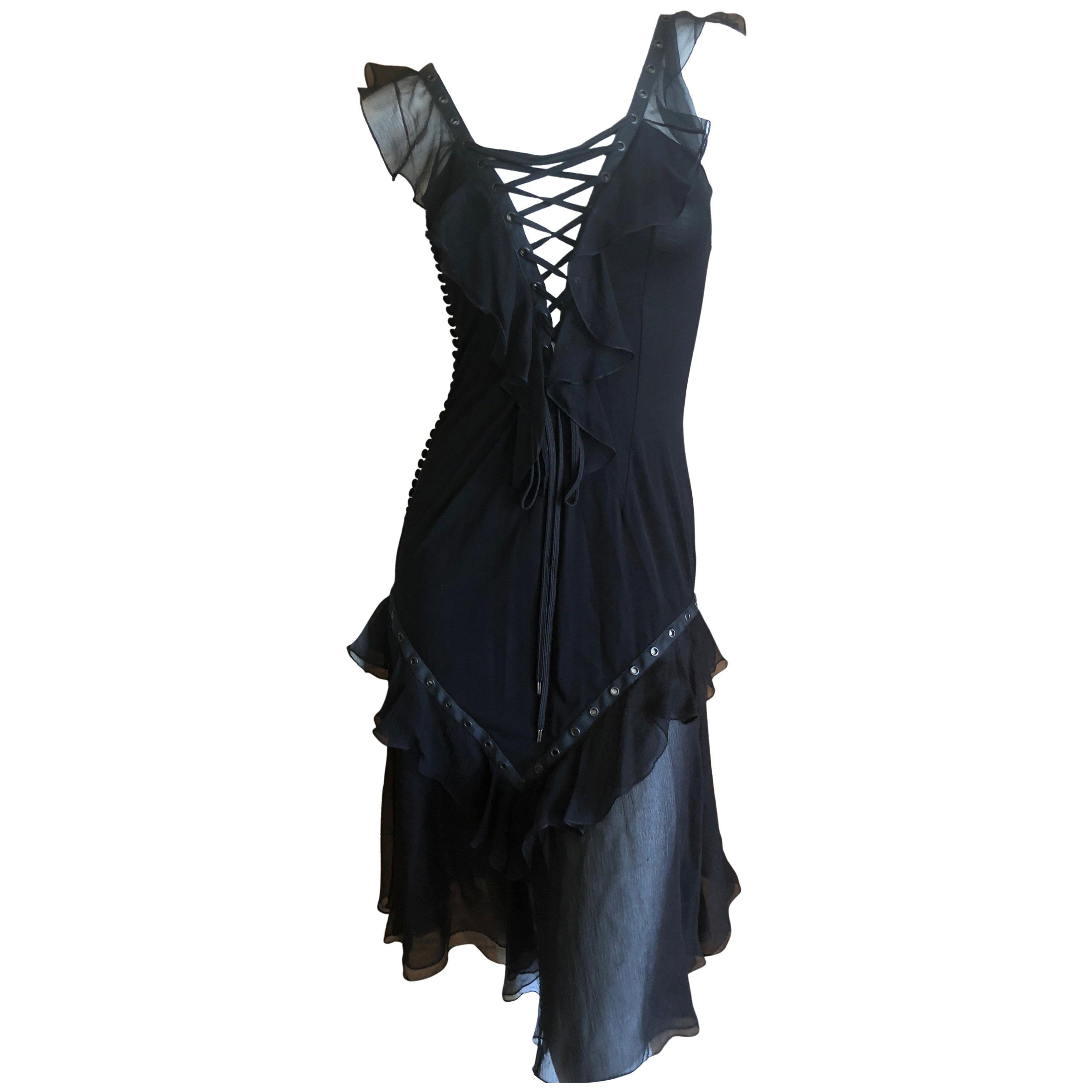 Christian Dior by John Galliano Black Silk Chiffon Corset Lace Ruffled Dress For Sale