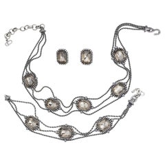 Christian Dior by John Galliano Schwarz Silber Rechteckig Oktogon Kristalle 3 Set