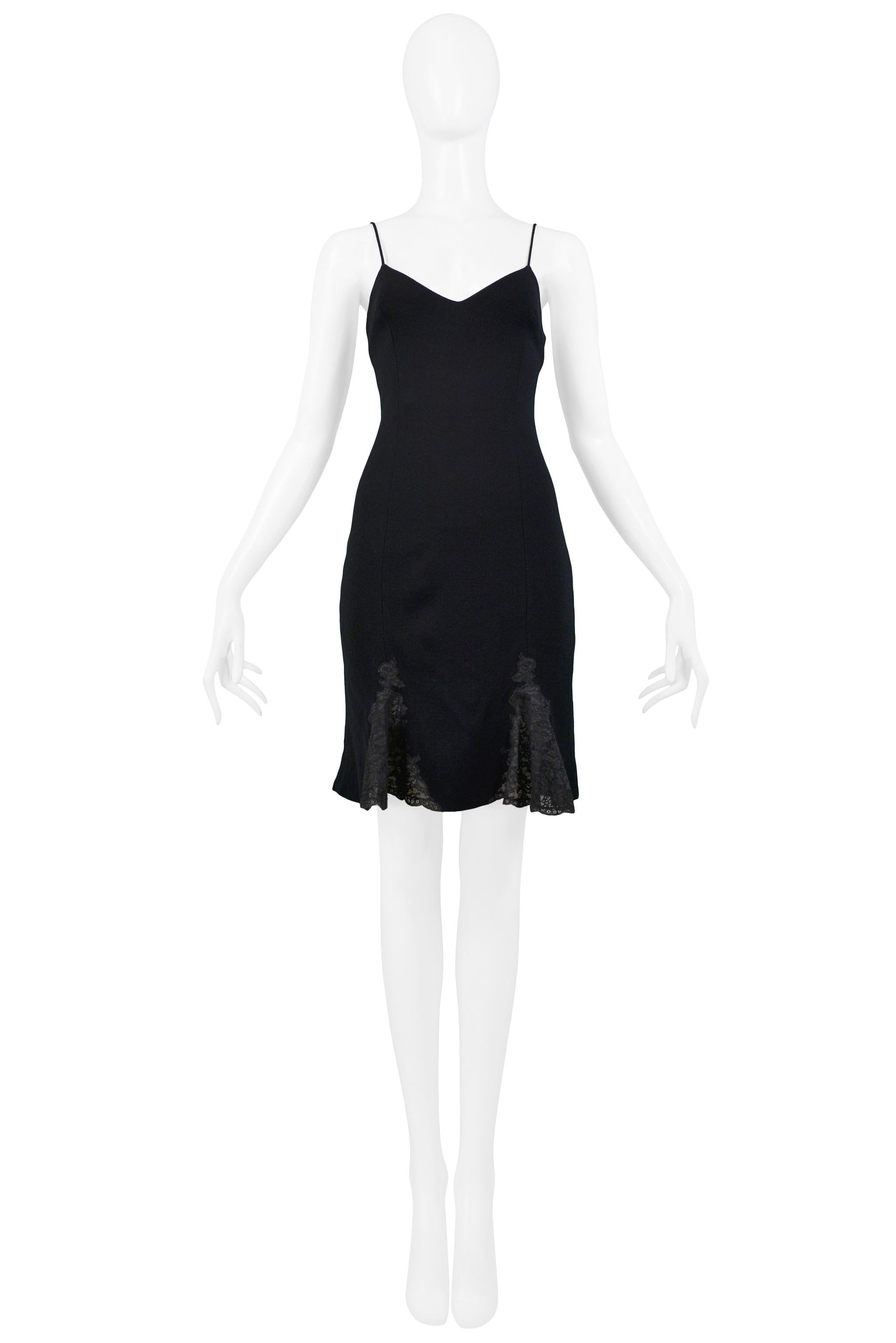 Resurrection is excited to offer this vintage Christian Dior black silk dress featuring a sweetheart neckline, spaghetti straps, and black lace godets at the hem.

Christian Dior Paris
Designed by John Galliano
Size 40
Silk
Excellent Vintage
