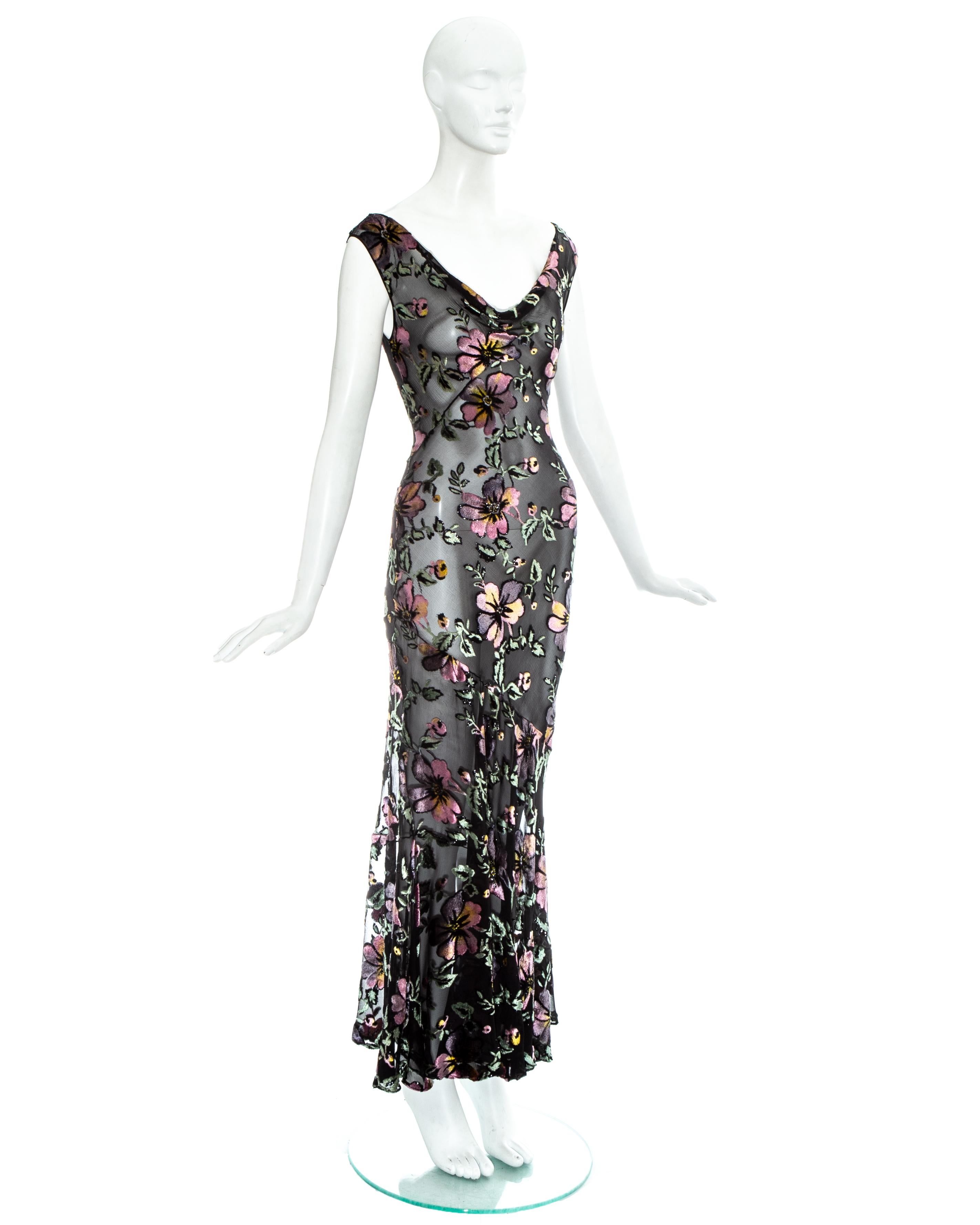 Christian Dior by John Galliano, black floral velvet devoré bias cut evening dress with matching shawl sold with optional black silk slip dress. 

Spring-Summer 2000