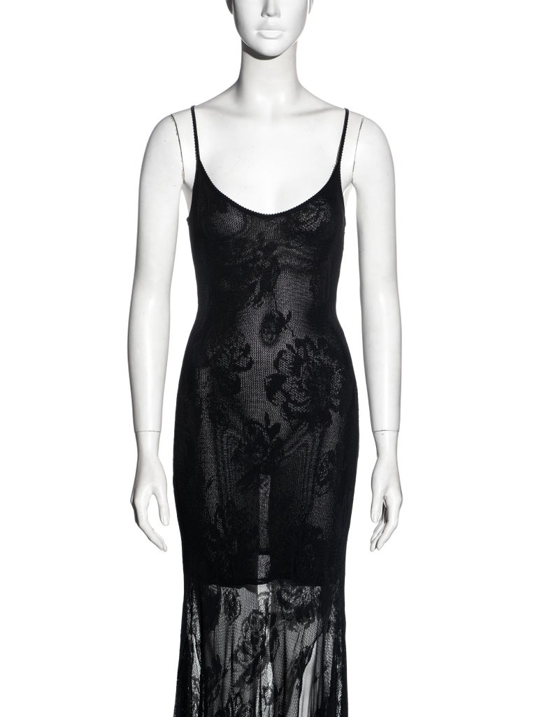 Black Christian Dior by John Galliano black viscose knit lace evening dress, ss 2002 For Sale