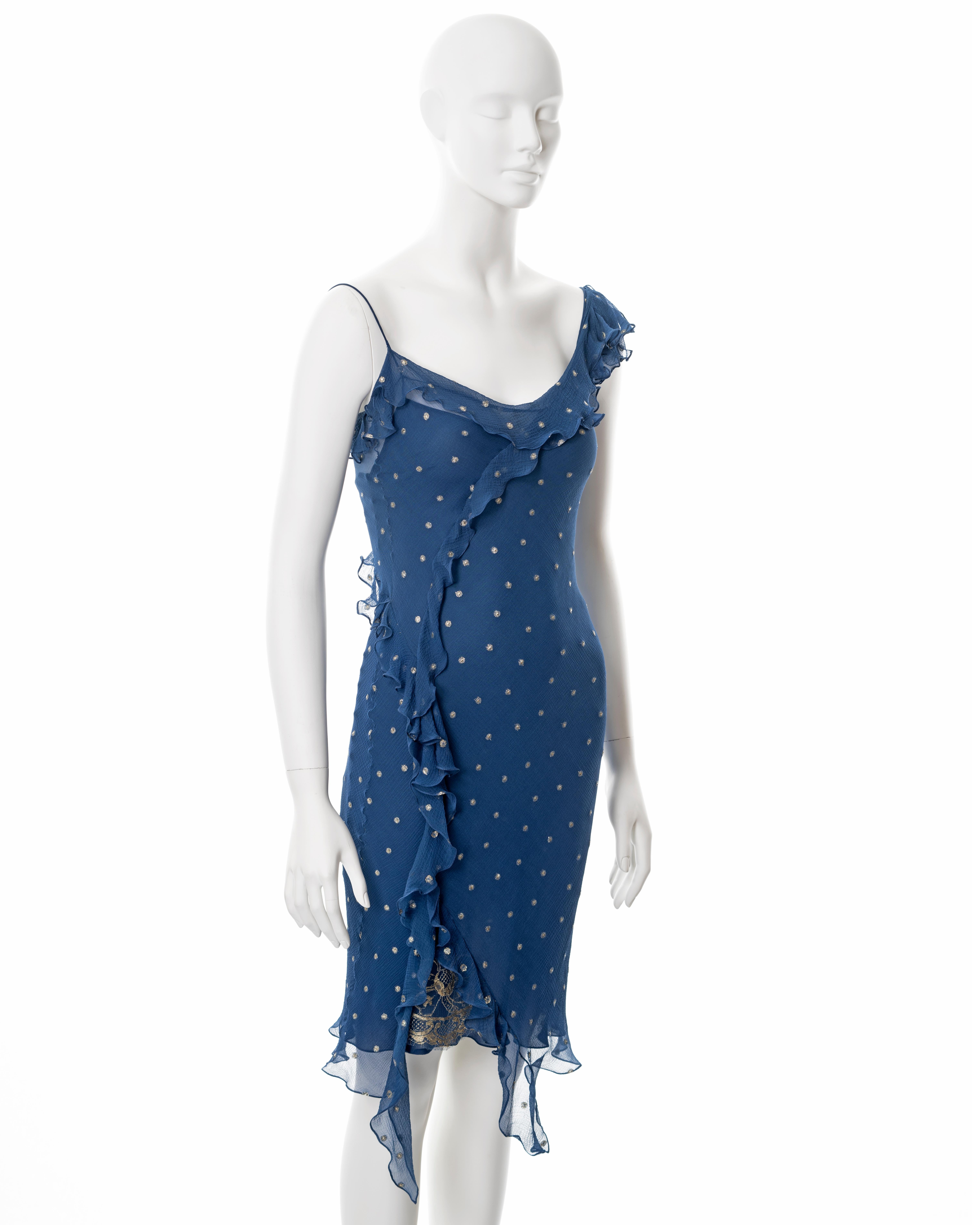 Women's Christian Dior by John Galliano blue and gold bias cut silk dress, fw 2002