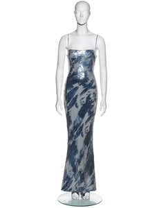 Christian Dior by John Galliano blue bleached denim print sequin dress, fw 2000
