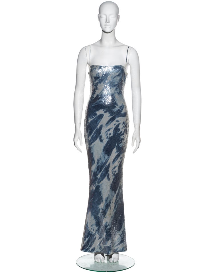 Christian Dior by John Galliano blue bleached denim print sequin dress ...