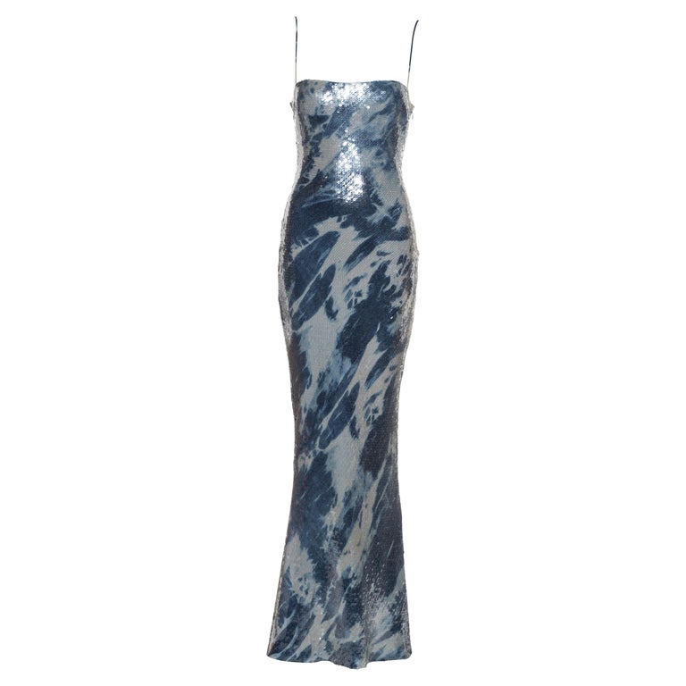 Christian Dior by John Galliano blue bleached denim print sequin dress, fw  2000 at 1stDibs | denim sequin dress, denim formal dress, dior blue print  dress