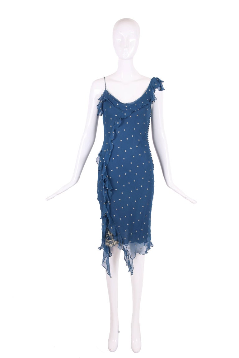 Christian Dior by John Galliano Blue Chiffon Gold Dots Bias Cut