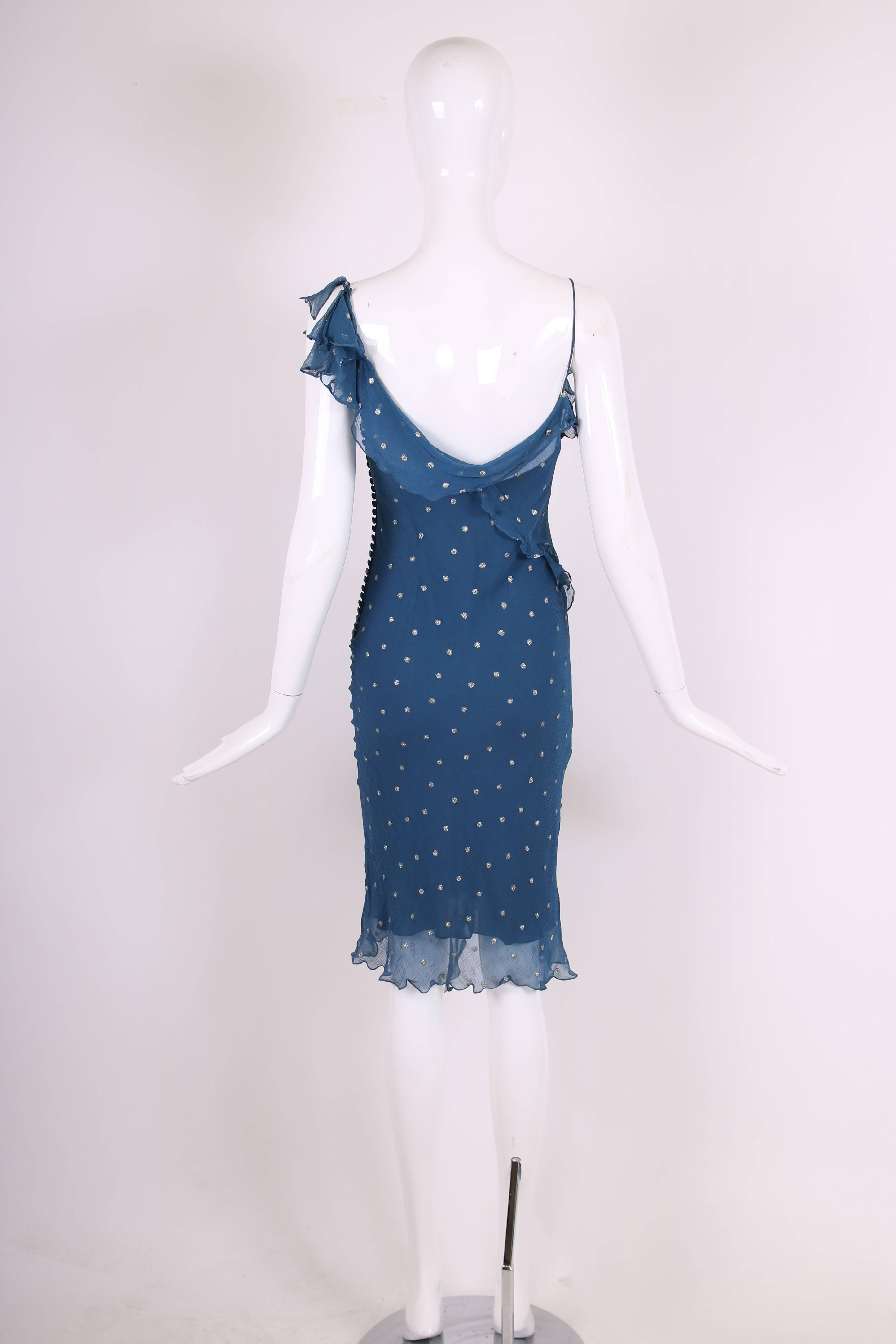 Christian Dior by John Galliano Blue Chiffon Gold Dots Bias Cut Cocktail Dress  In Good Condition In Studio City, CA