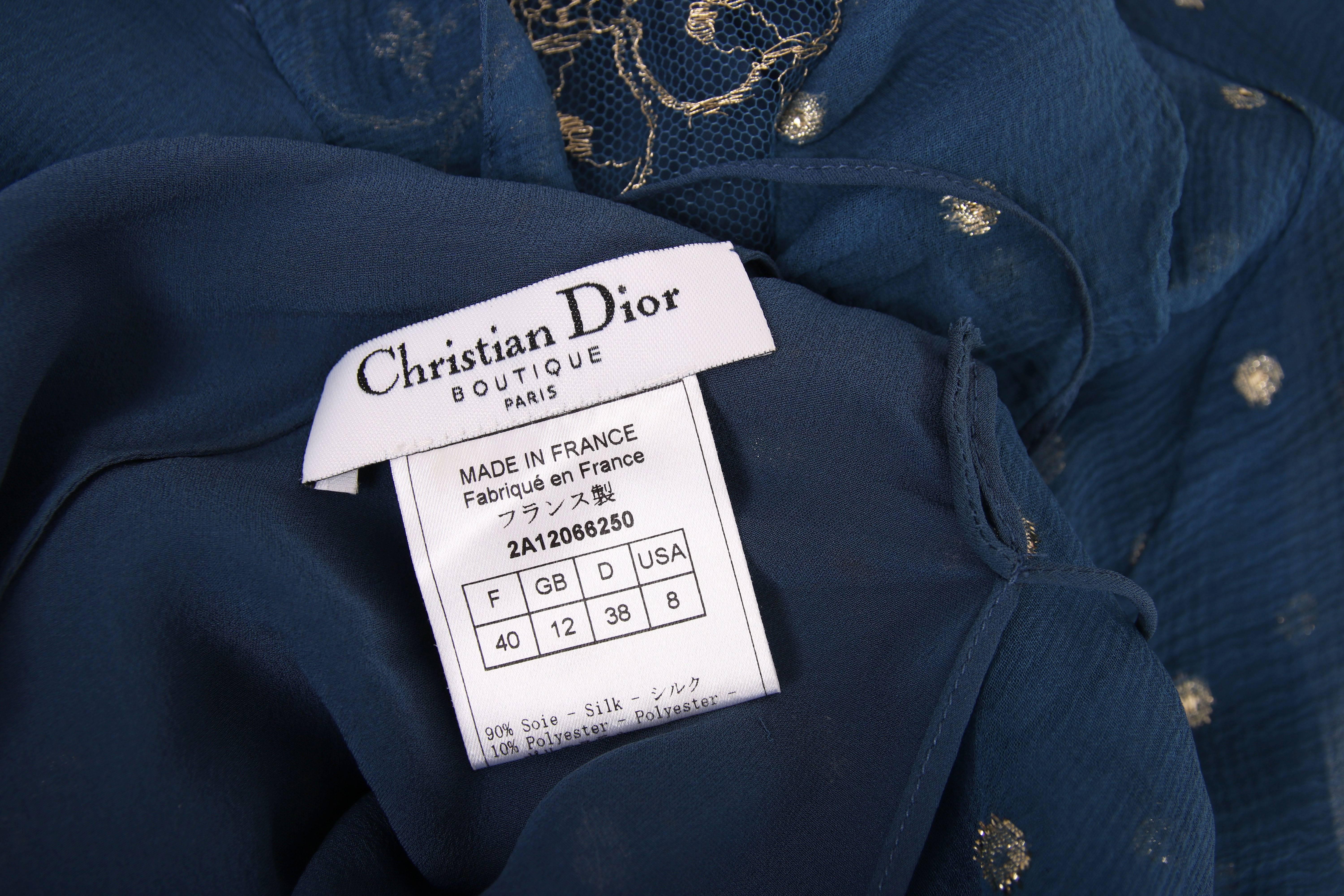 Christian Dior by John Galliano Blue Chiffon Gold Dots Bias Cut Cocktail Dress  1
