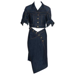 Retro Christian Dior by John Galliano blue denim cropped jacket and skirt set, ss 2000