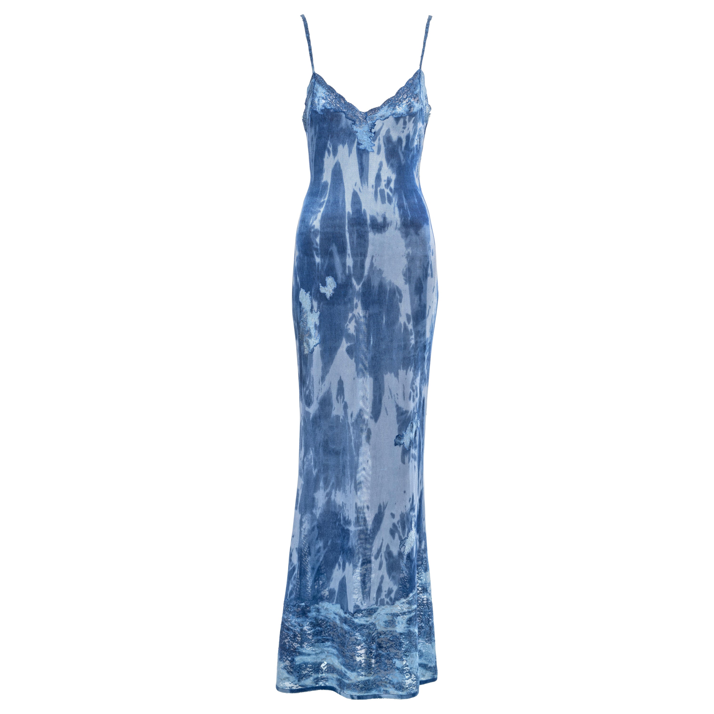Christian Dior by John Galliano Blaues Abendkleid aus Denim-Strick und Spitze, Herbst/Winter 2000 im Angebot
