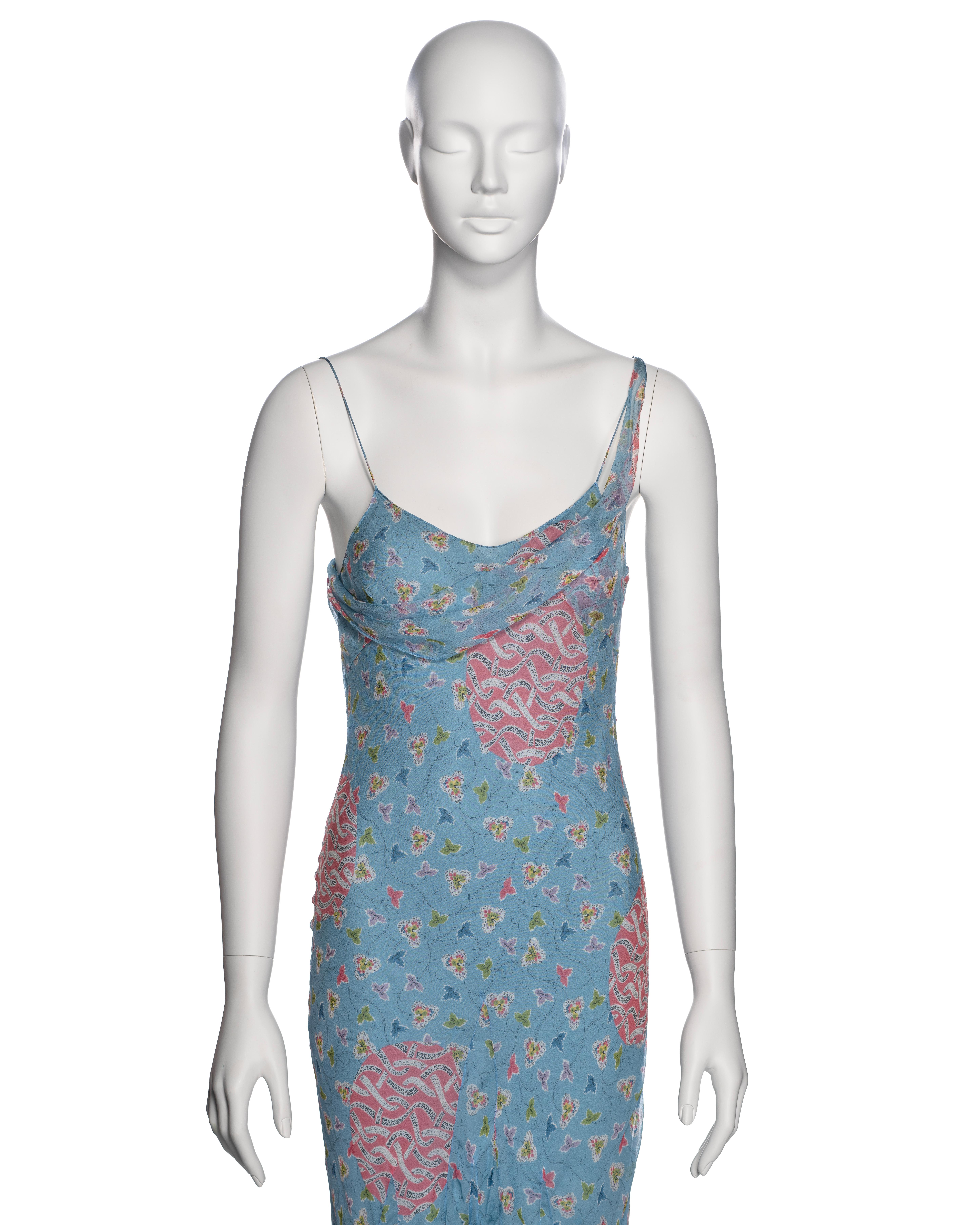 Christian Dior by John Galliano Blue Floral Silk Chiffon Summer Dress, SS 2003 In Good Condition In London, GB