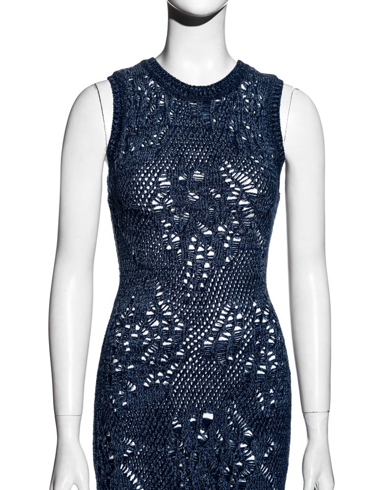Black Christian Dior by John Galliano blue open-knit sleeveless bodycon dress, ss 2000 For Sale
