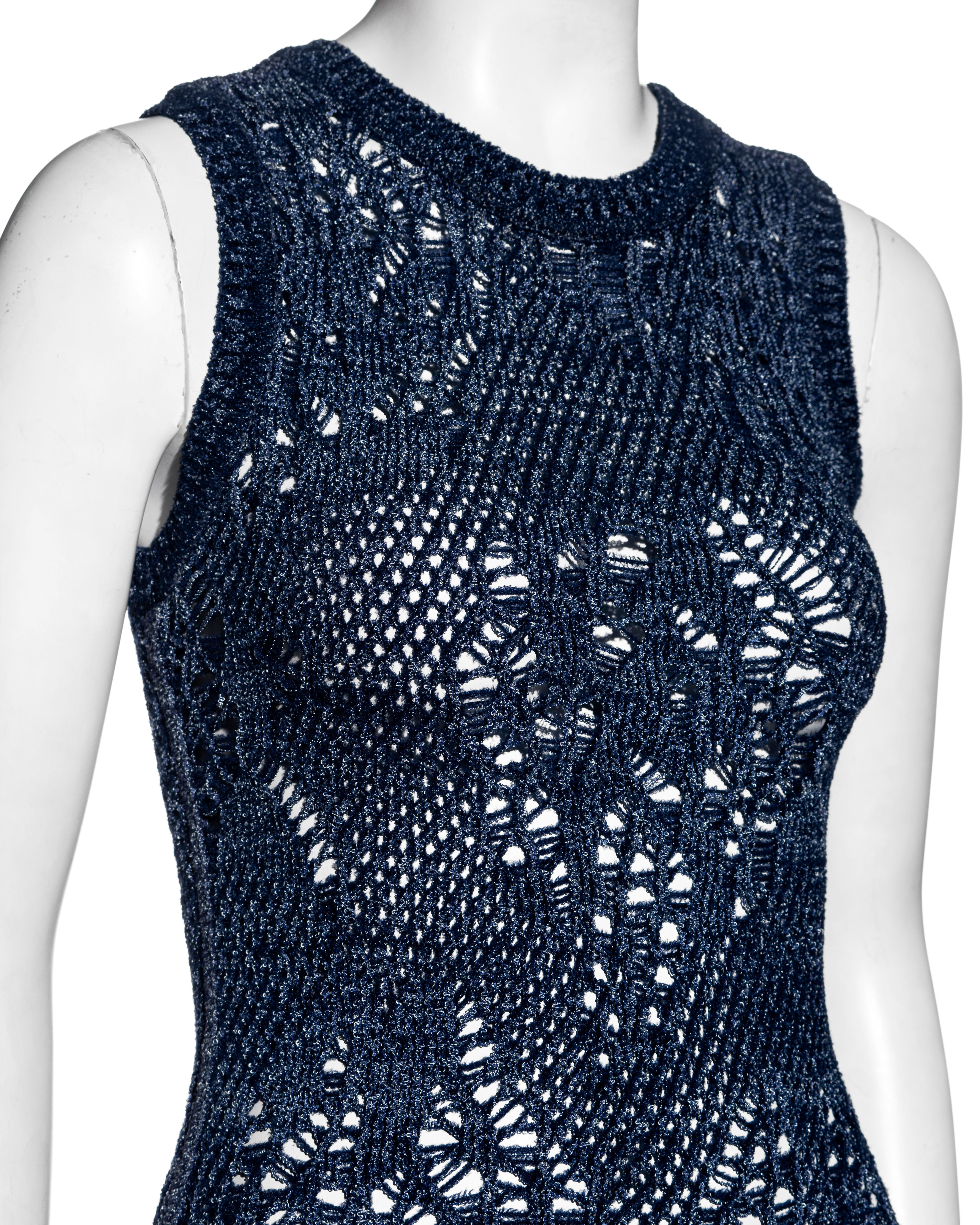 Black Christian Dior by John Galliano blue open-knit sleeveless bodycon dress, ss 2000 For Sale