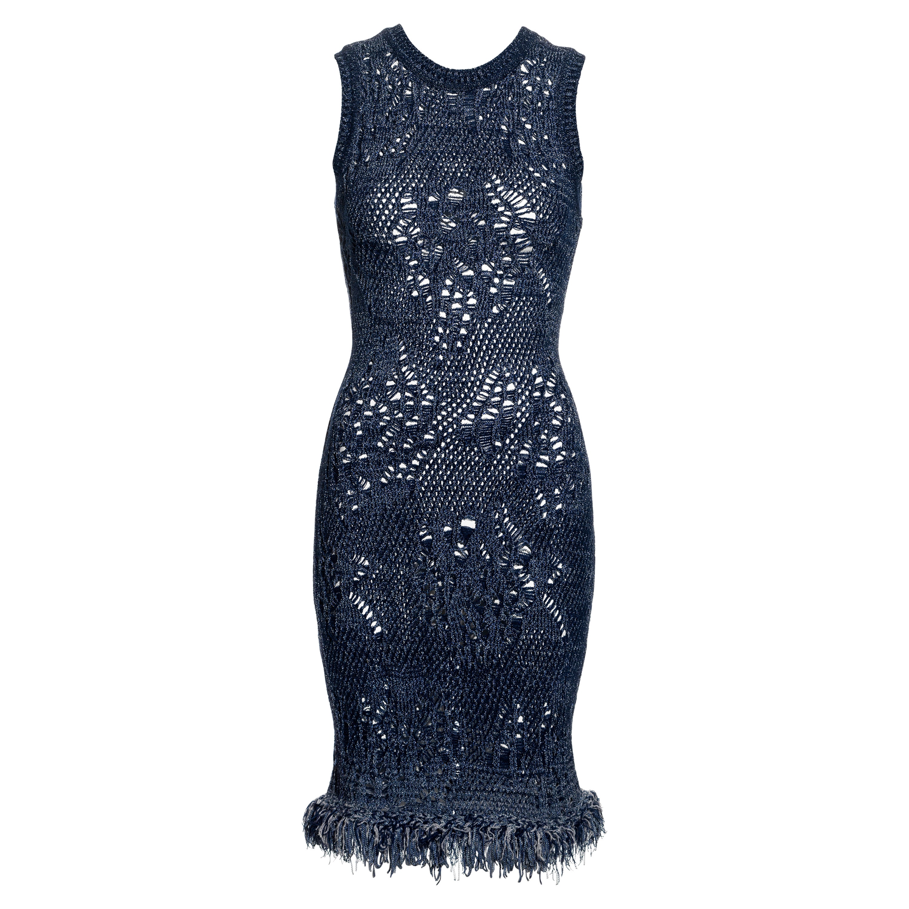 Christian Galliano for Christian Dior, John Galliano, abito bodycon senza maniche a maglia aperta blu, ss 2000