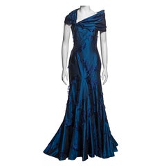 Christian Dior by John Galliano Blue Silk Jacquard Evening Dress, FW 1999