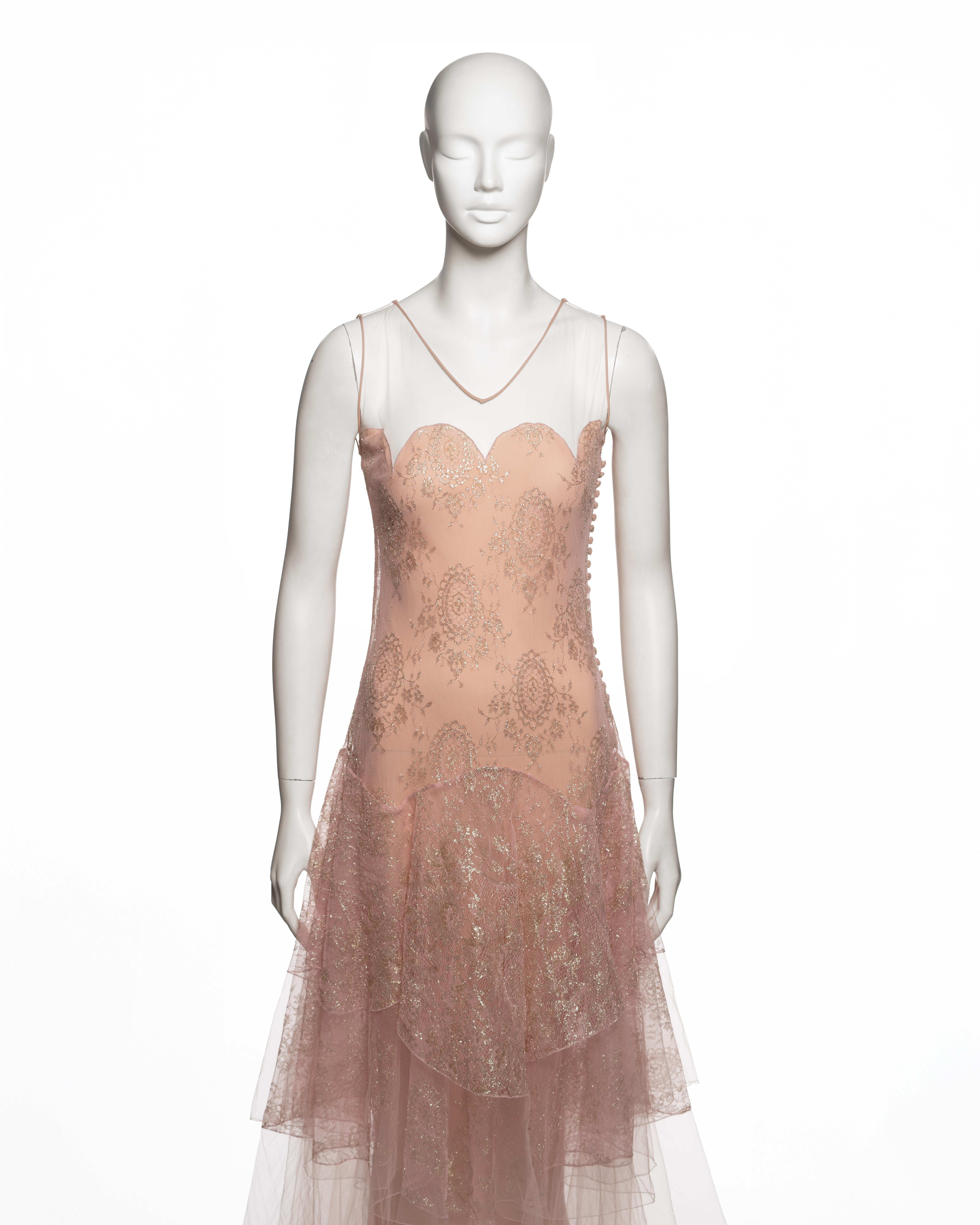 Brown Christian Dior by John Galliano Blush Lace Tulle Evening Dress, FW 2002 For Sale