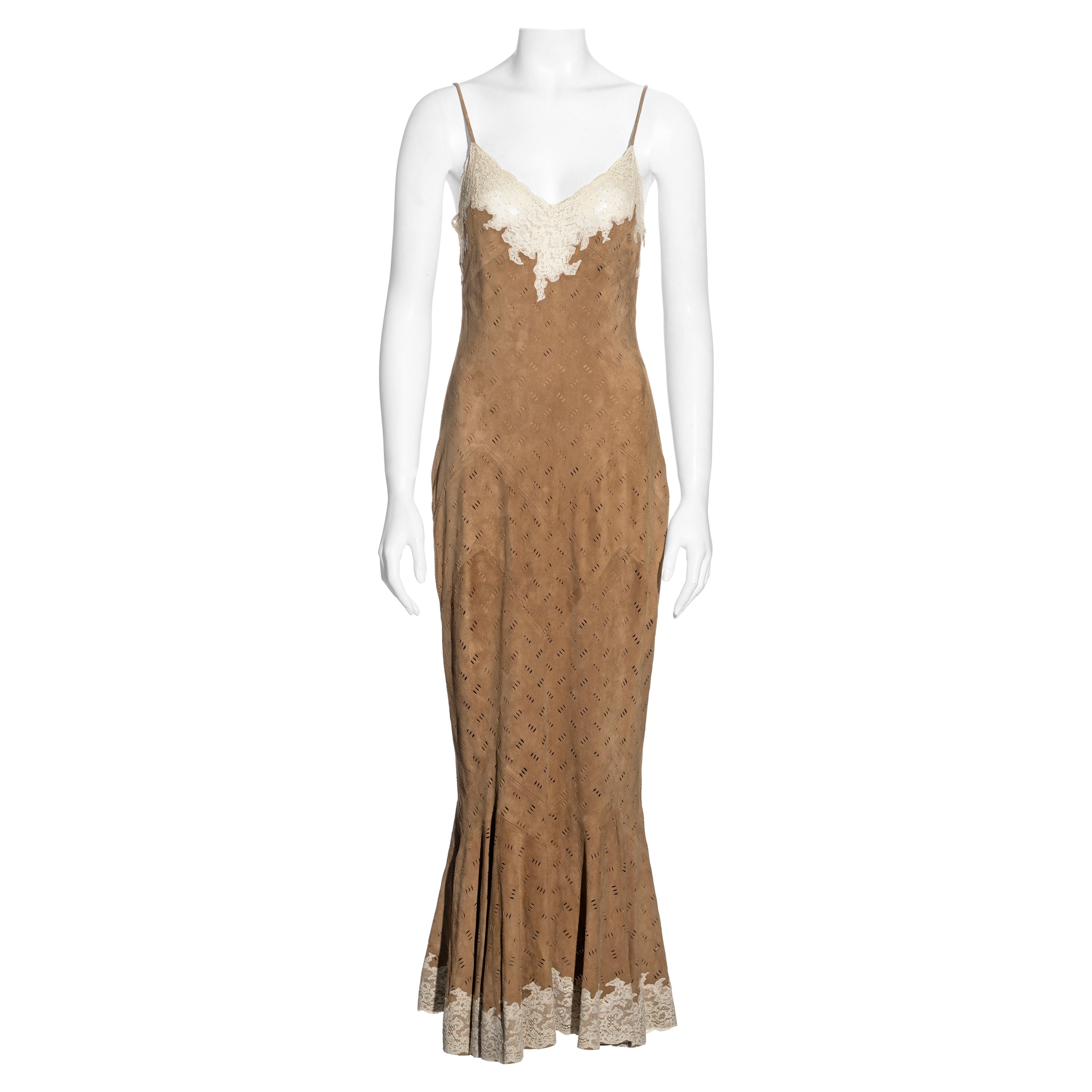 Christian Dior by John Galliano Robe en daim et dentelle marron et crème, FW 1999