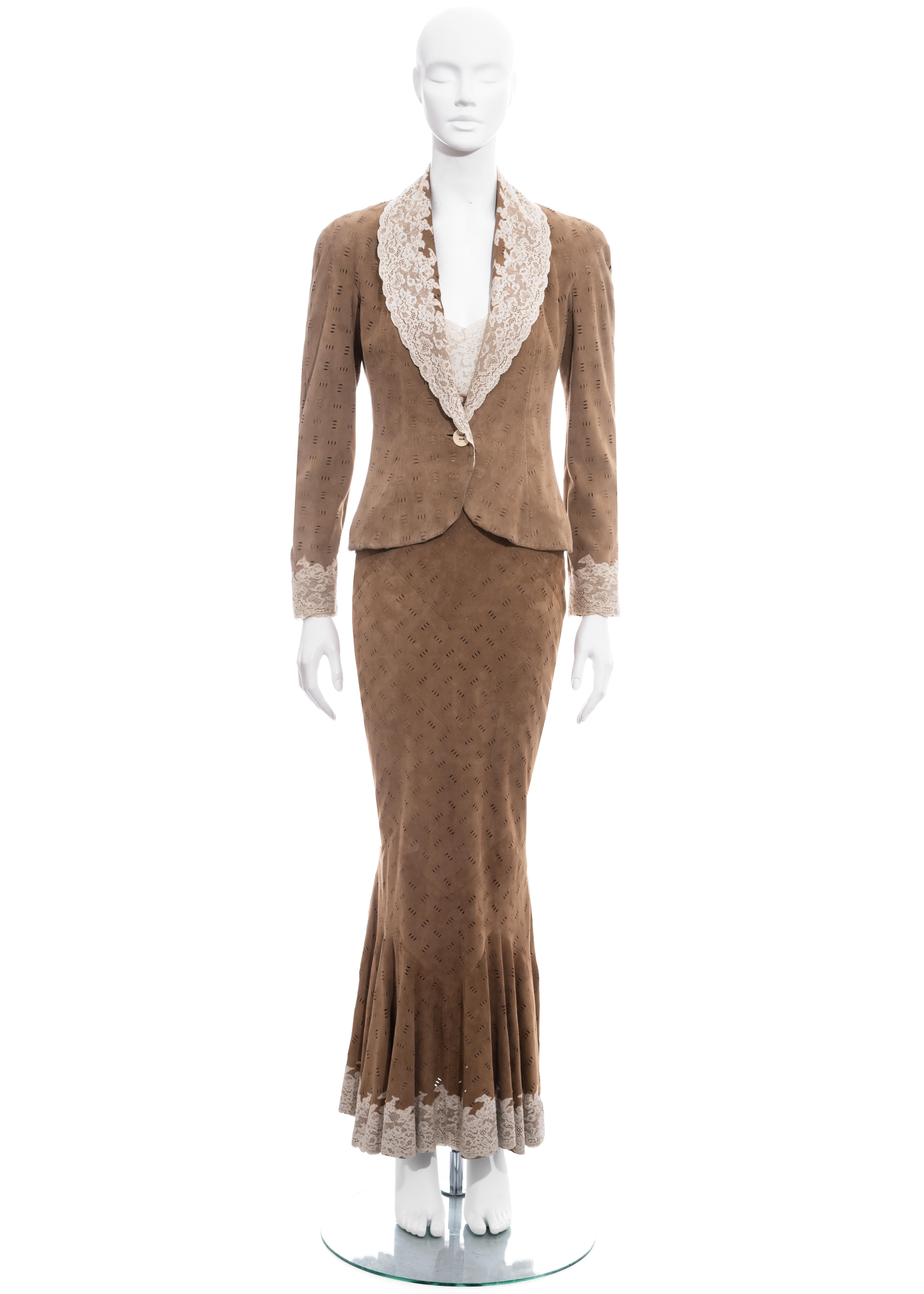 ▪ Brand: Christian Dior
▪ Creative Director: John Galliano
▪ Collection: Fall-Winter 1999
▪ Fabric: Laser-Cut Suede, Lace, Silk
▪ Details: Cream lace trim
▪ Contents: Leather maxi dress, leather single-breasted jacket
▪ Size: FR 38 - UK10 - US6
▪
