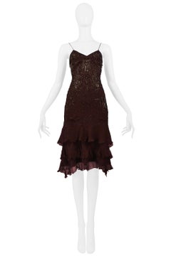 Christian Dior By John Galliano Brown Beaded Silk Slip Dress