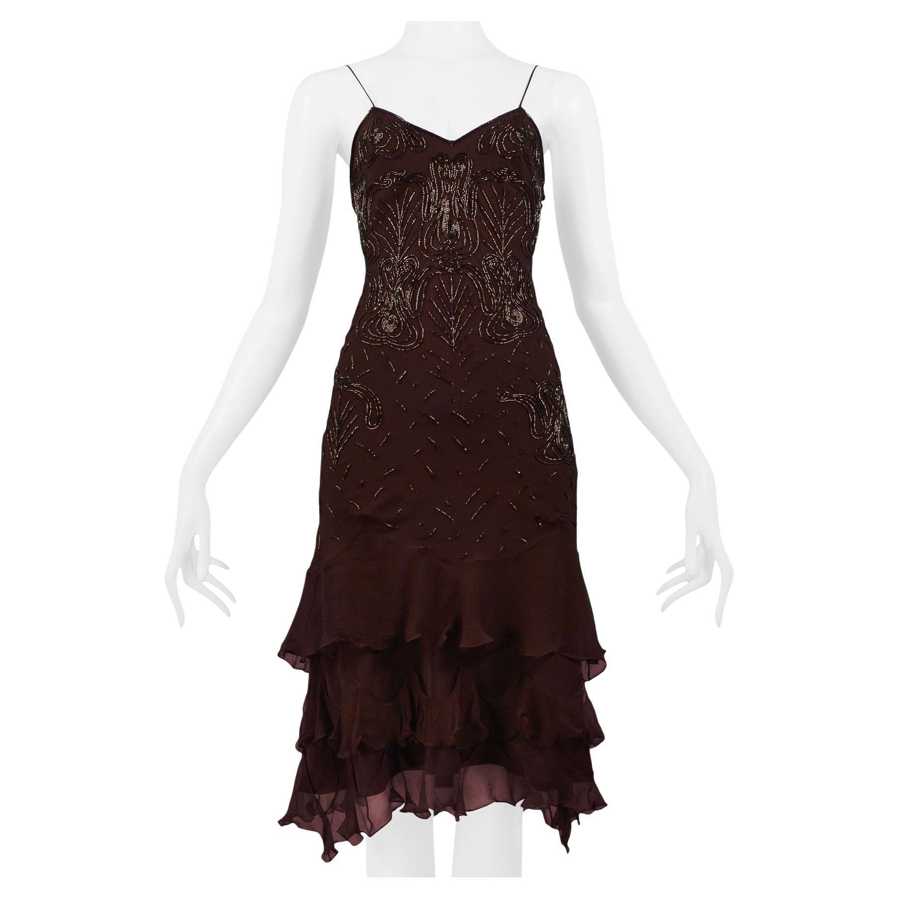 Christian Dior By John Galliano Brown Beaded Silk Slip Dress