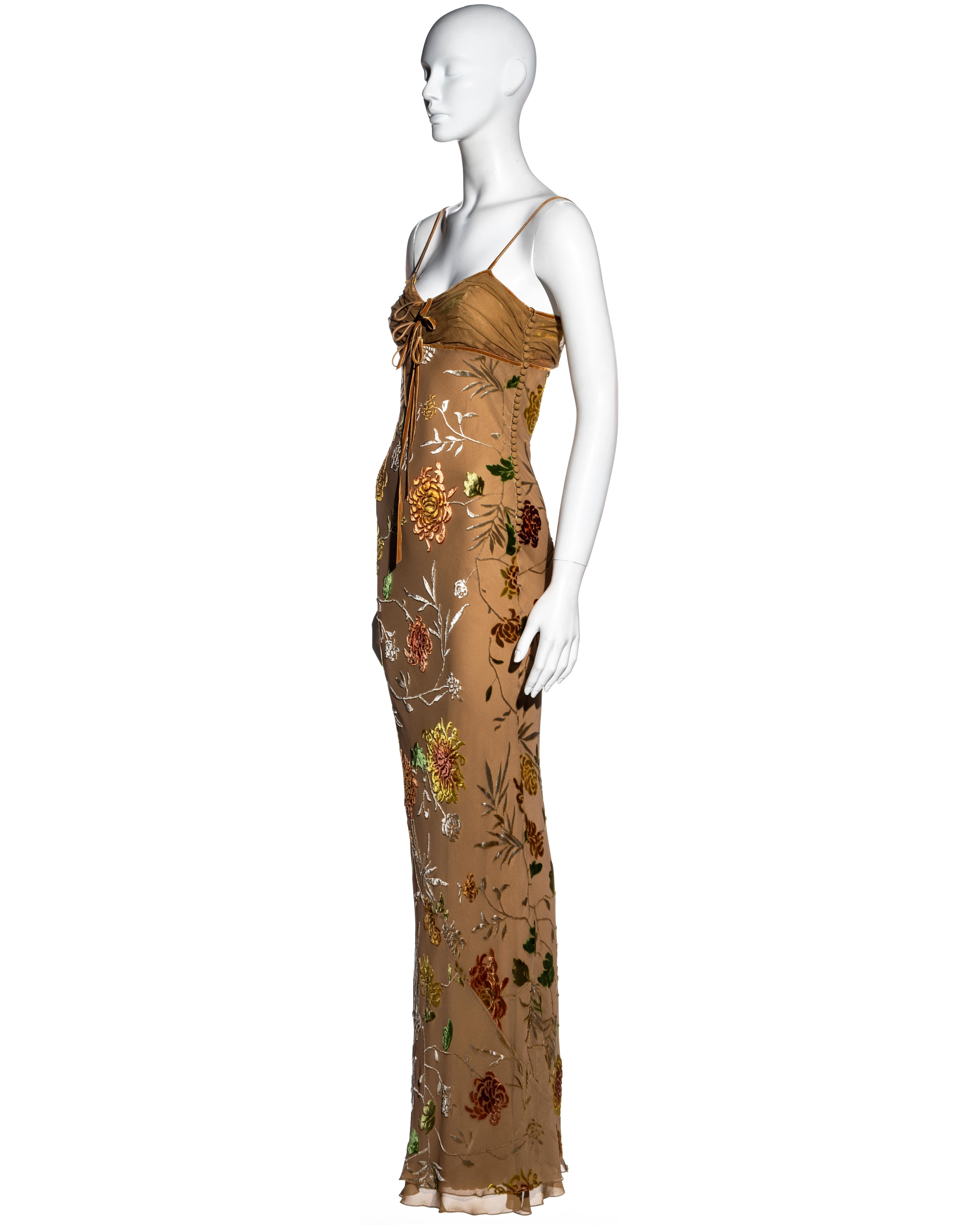 Brown Christian Dior by John Galliano brown floral silk devoré maxi dress, ss 2006