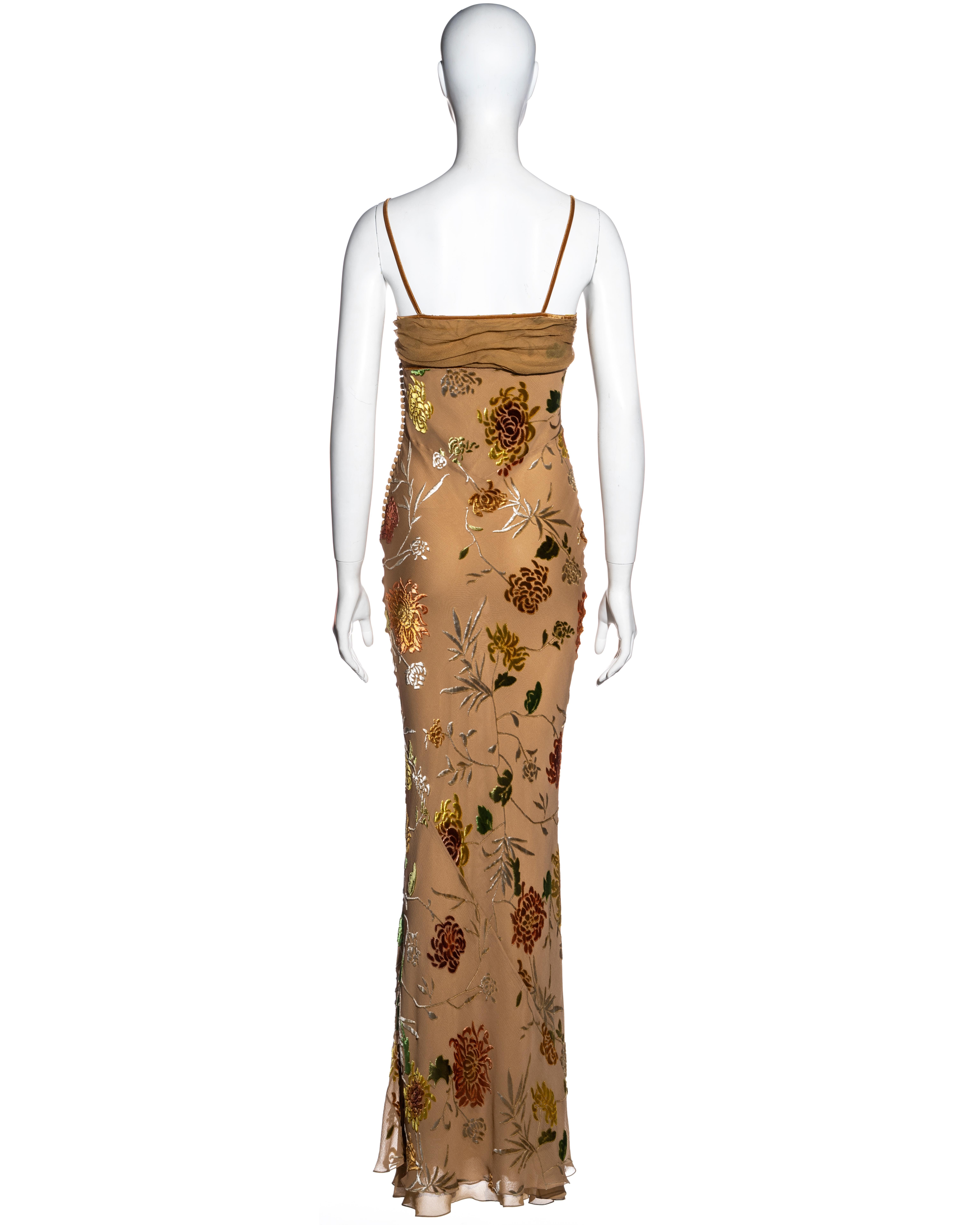 Women's Christian Dior by John Galliano brown floral silk devoré maxi dress, ss 2006