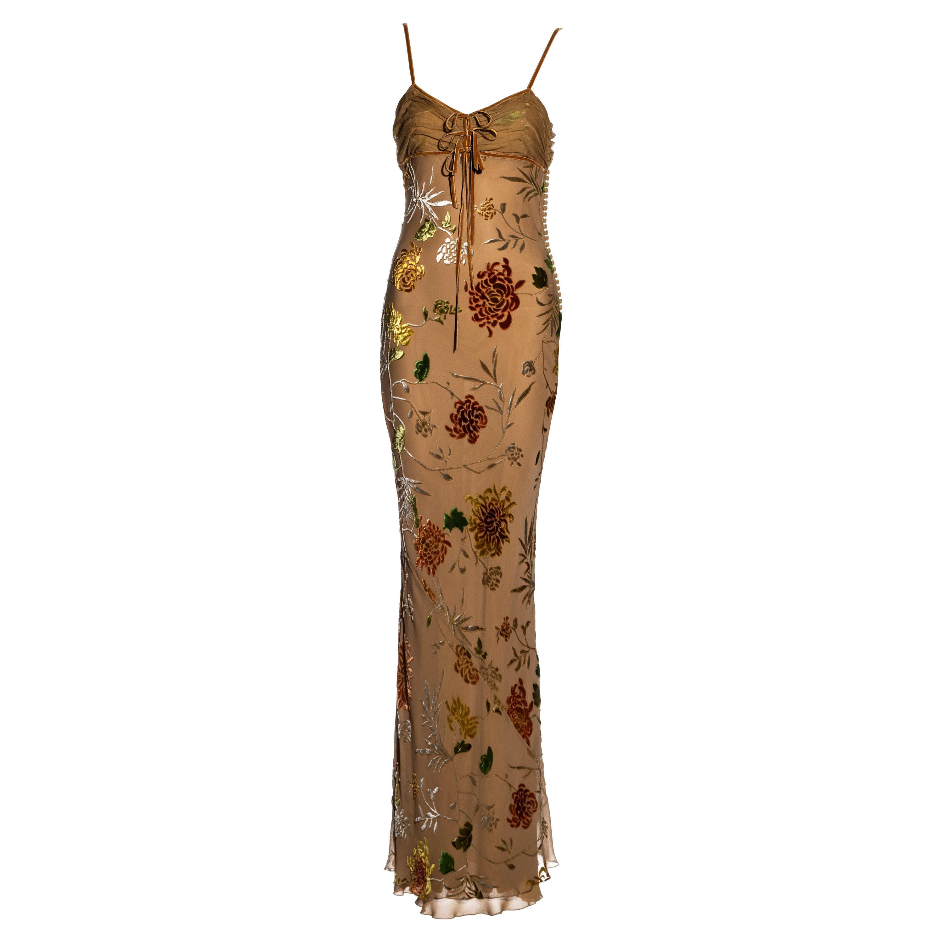 Christian Dior by John Galliano Braunes Maxikleid aus geblümter Seide devoré, ss 2006