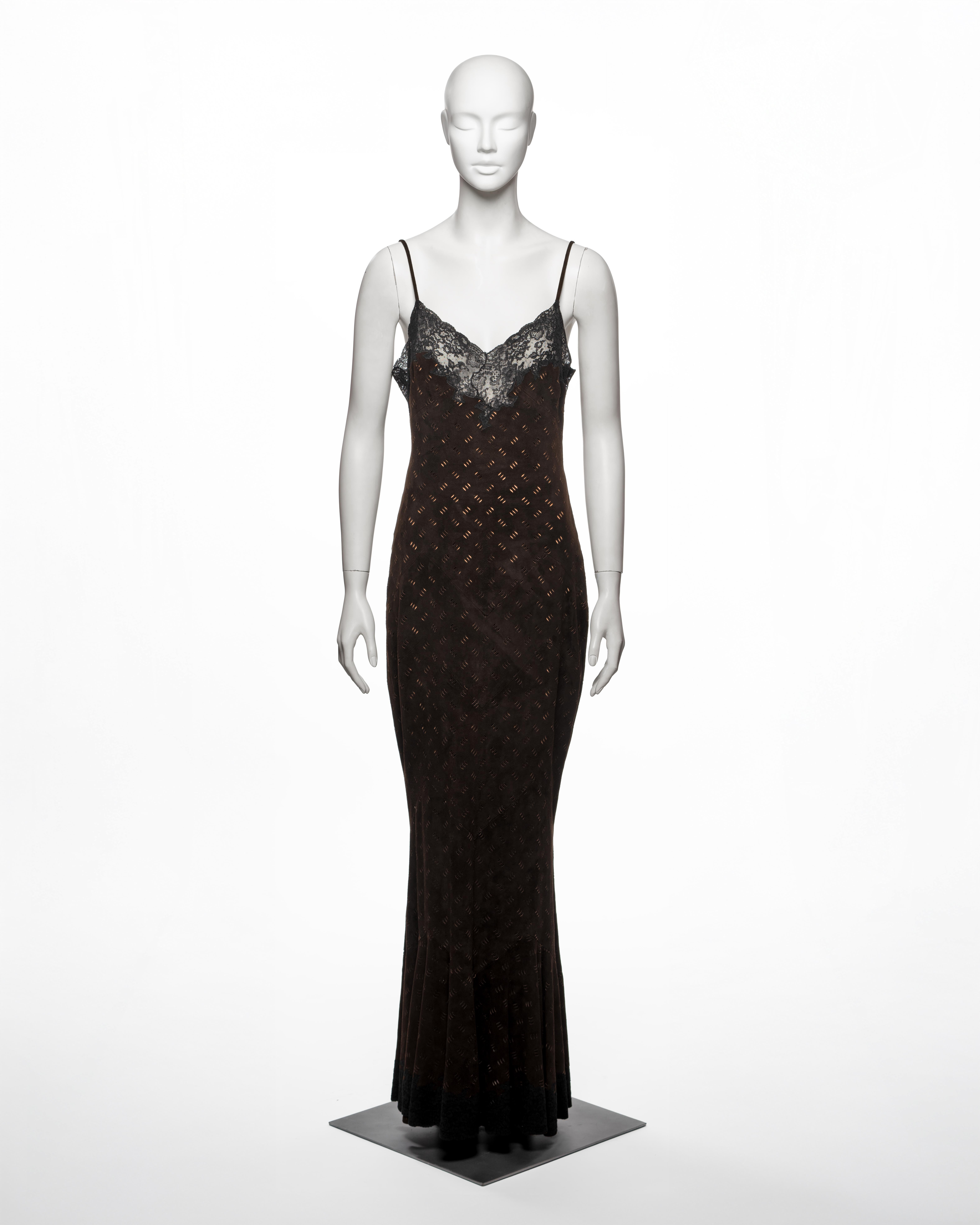 Black Christian Dior by John Galliano Brown Laser-Cut Suede and Lace Dress, FW 1999 For Sale
