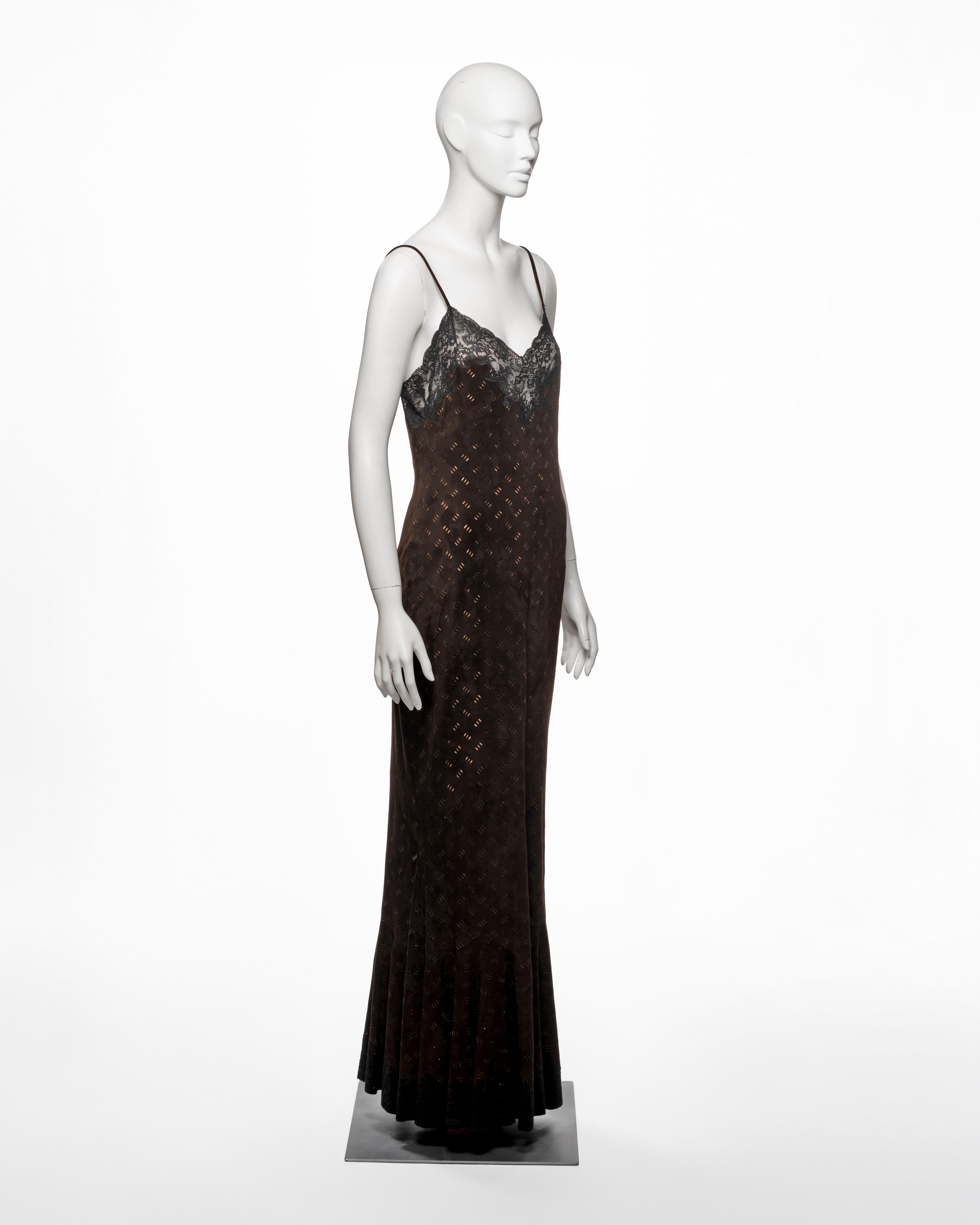 Christian Dior by John Galliano Brown Laser-Cut Suede and Lace Dress, FW 1999 For Sale 1