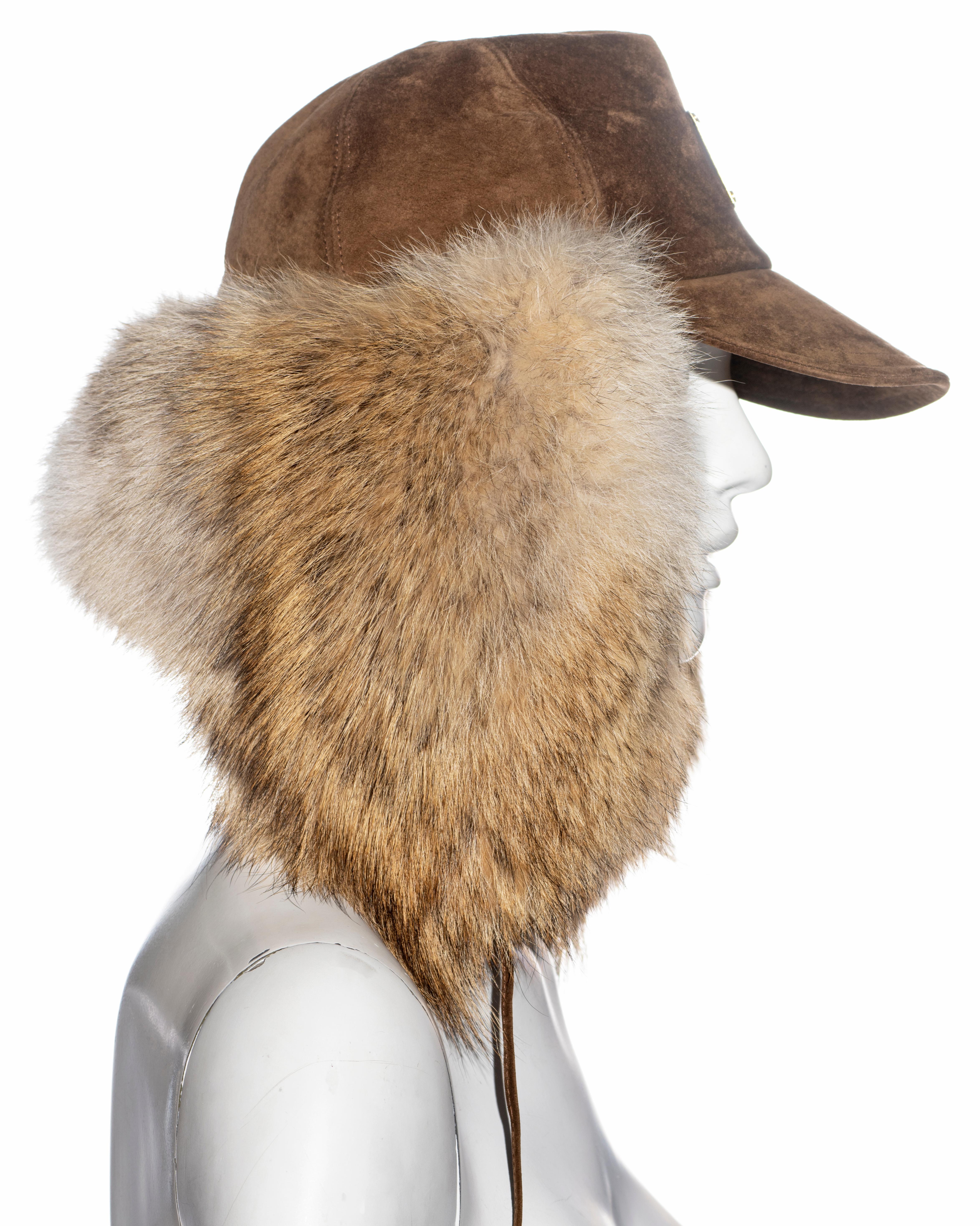 Women's Christian Dior by John Galliano brown leather and coyote fur hat, ss 2002