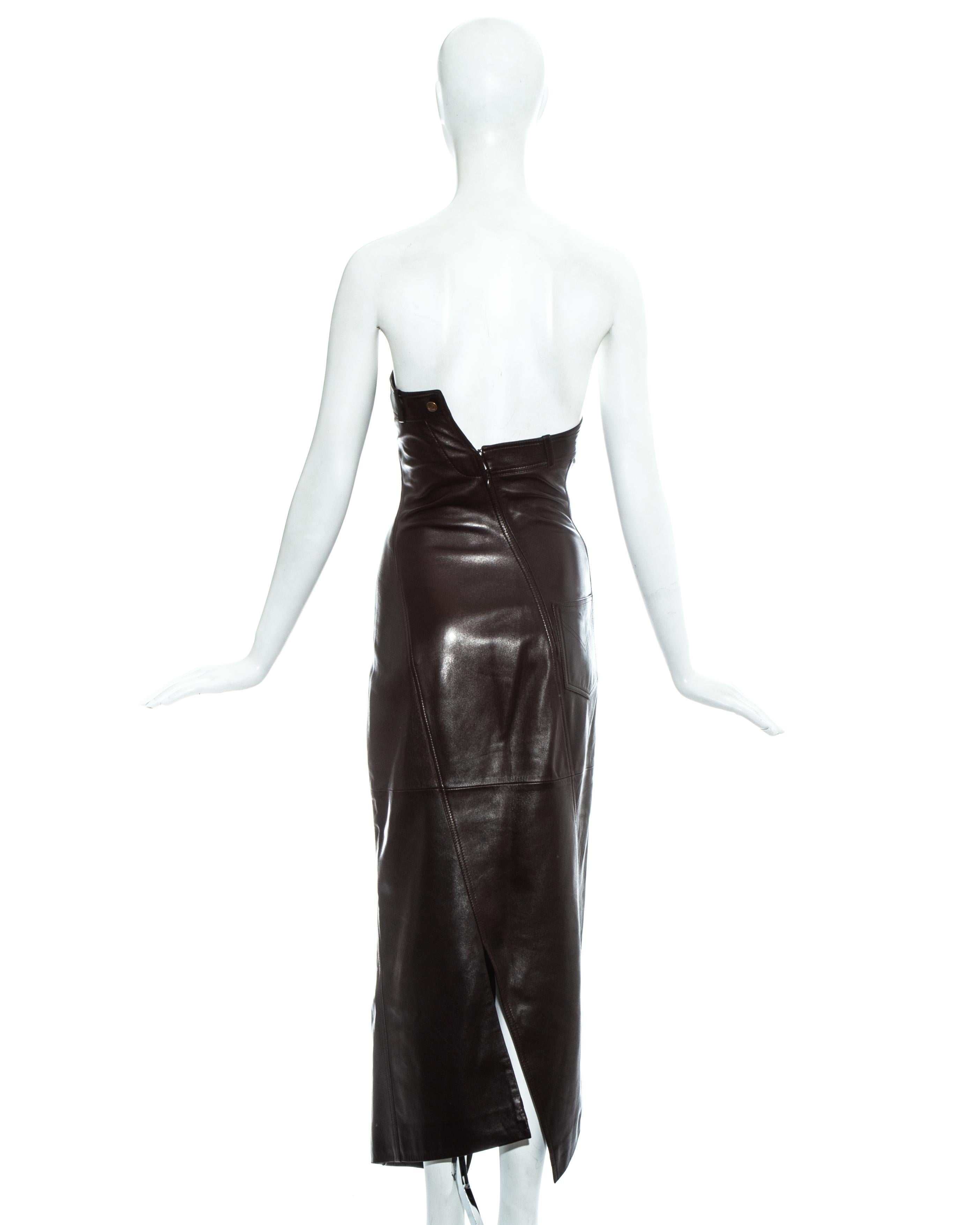 Christian Dior by John Galliano brown leather bias cut strapless dress, fw 2000 1