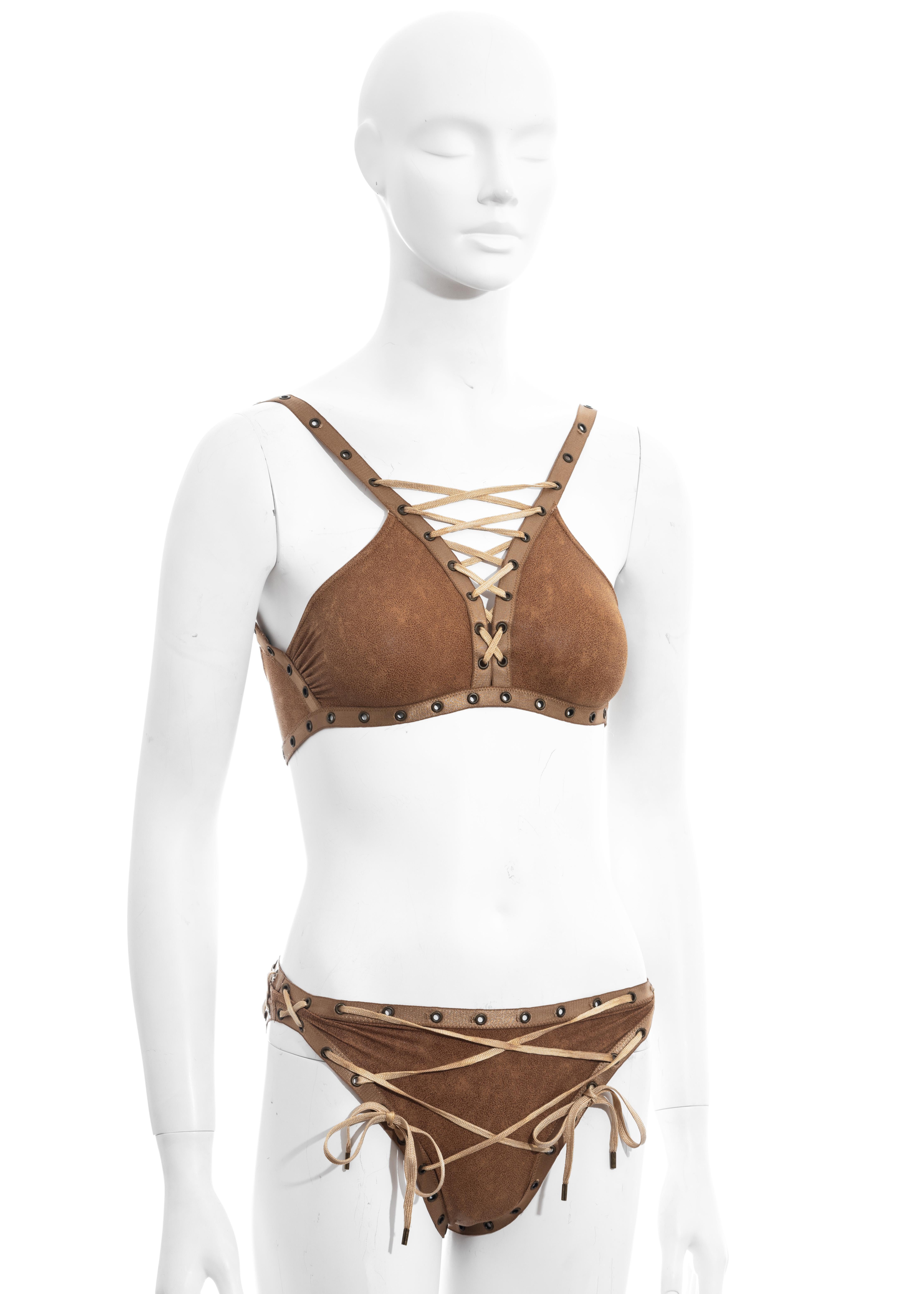 ▪ Christian Dior brown leather effect two-piece bikini
▪ Designed by John Galliano
▪ 86% Nylon, 14% Lycra 
▪ Size Small (has been altered)
▪ Spring-Summer 2003 