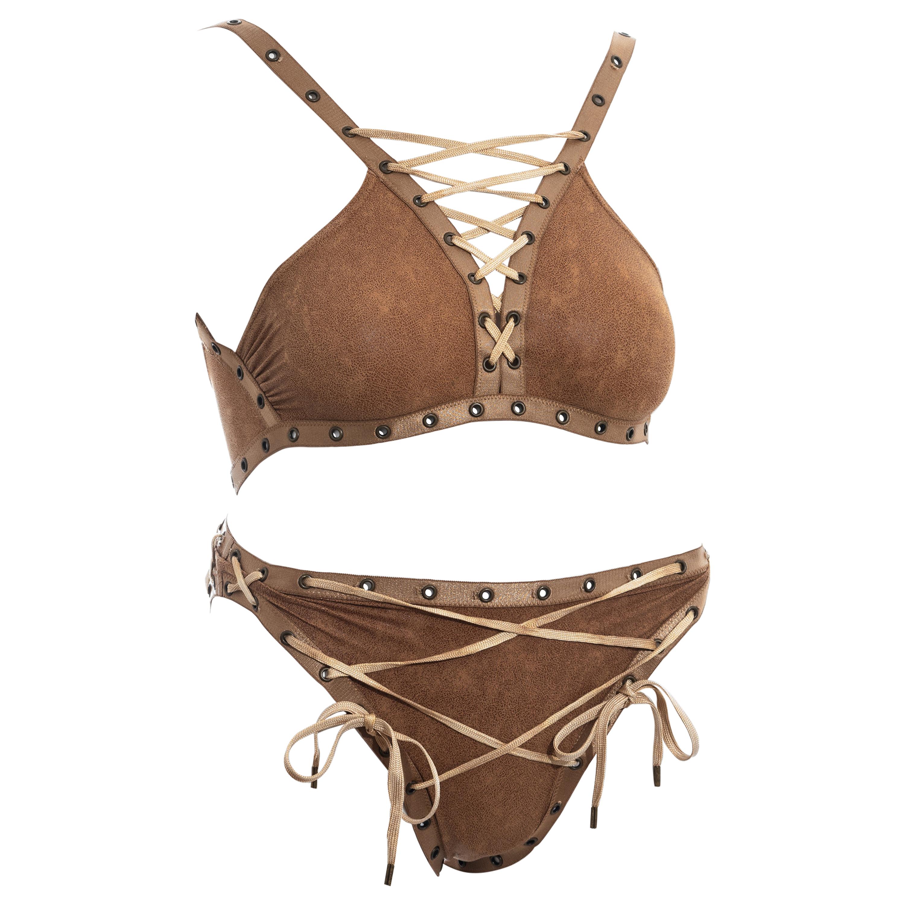 Christian Dior by John Galliano brown leather effect  lace-up bikini, ss 2003