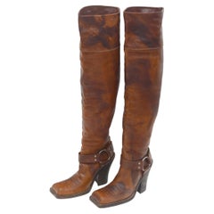 Christian Dior by John Galliano Brown Leather Thigh High Cowboy Boots SZ37 MINT